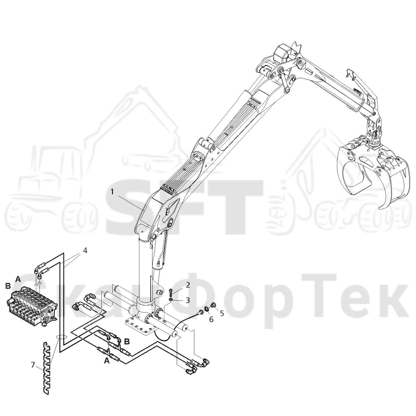 Схема: Valmet / Форвардер / Valmet 860.1 / Valmet 860.1   Ch. 115421- / Valmet 860.1  Ch. 115421- / Каталог запасных частей / Подъемный кран / Подвод шланга / Подвод шланга к подъемному крану CRF 8 ProTec