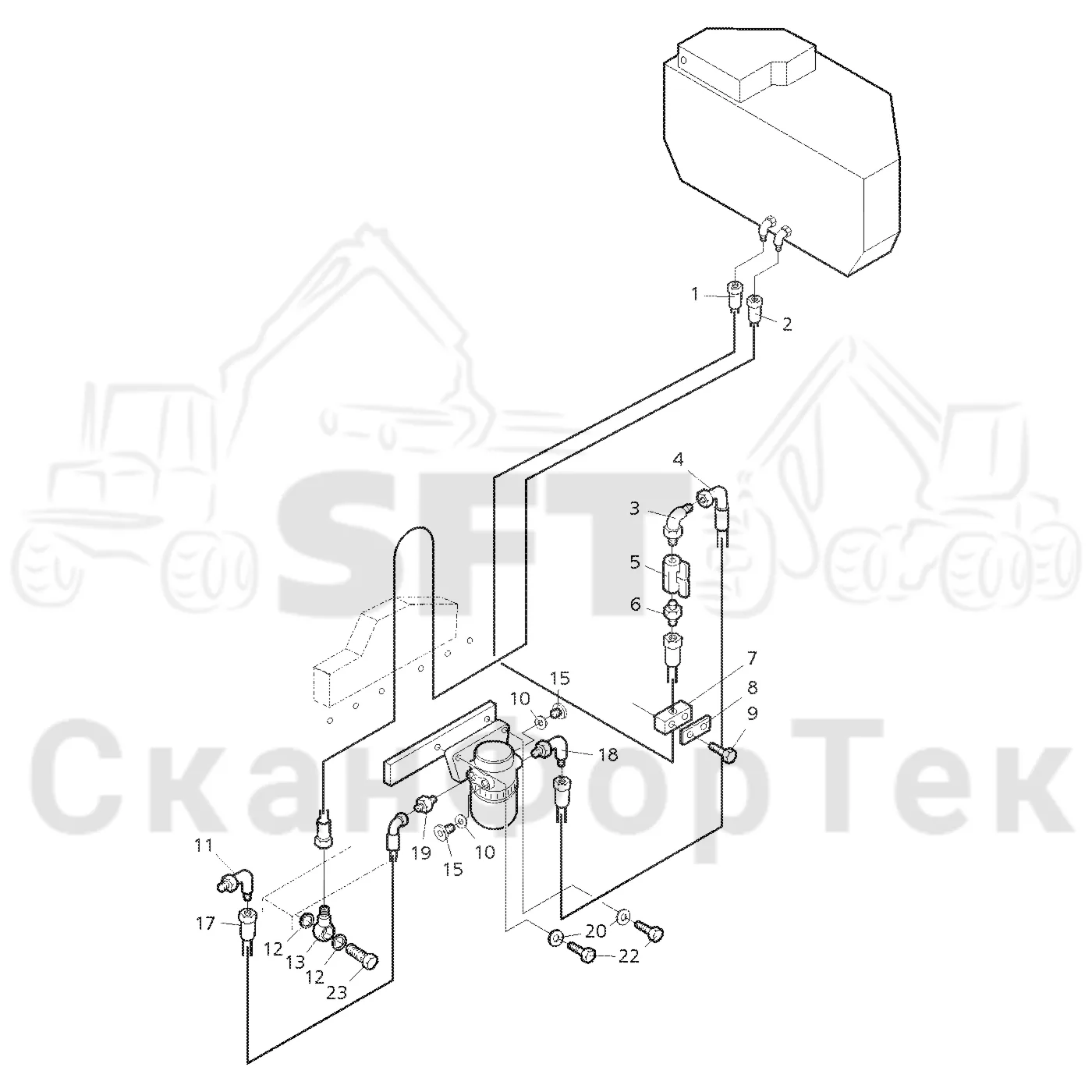 Схема: Valmet / Форвардер / Valmet 890.1 / Valmet 890.1 Ch. -117350, -119440 / Valmet 890.1 Ch. -117350, -11 / Каталог запасных частей / Двигатель / Топливная система / Топливная система