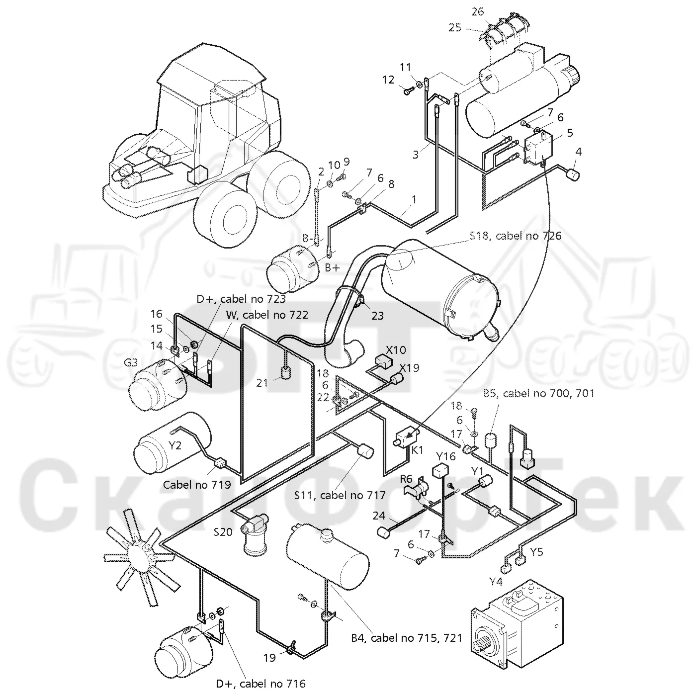 Схема: Valmet / Форвардер / Valmet 890.1 / Valmet 890.1  Ch. -117350, -119440 / Valmet 890.1  Ch. -117350, -11 / Каталог запасных частей / Двигатель / Электрический / Комплект кабелей двигателя