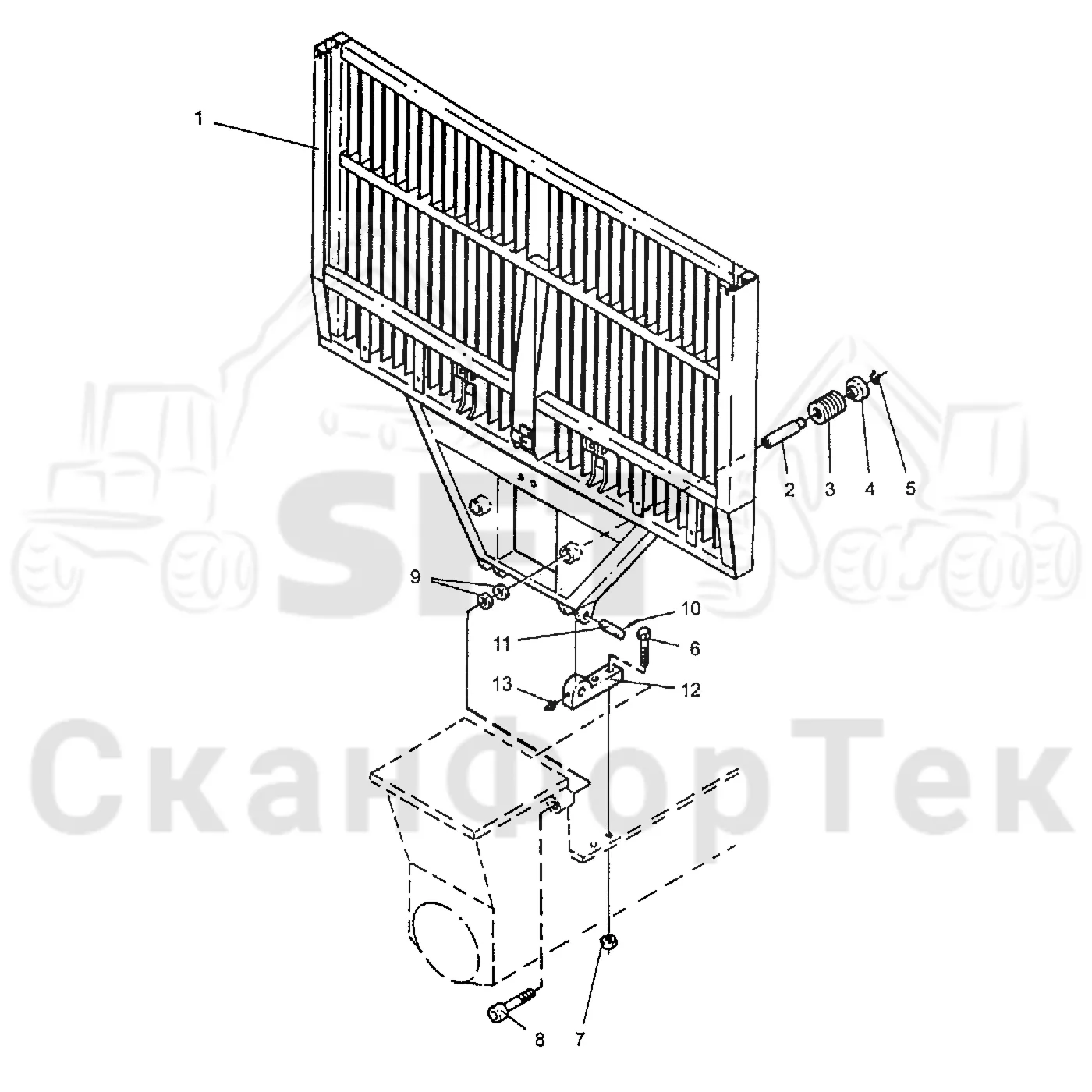 Схема: Valmet / Форвардер / Valmet 890.1 / Valmet 890.1 Ch. -117350, -119440 / Valmet 890.1 Ch. -117350, -11 / Каталог запасных частей / шасси / Зона погрузки / Заслонка, фиксированная
