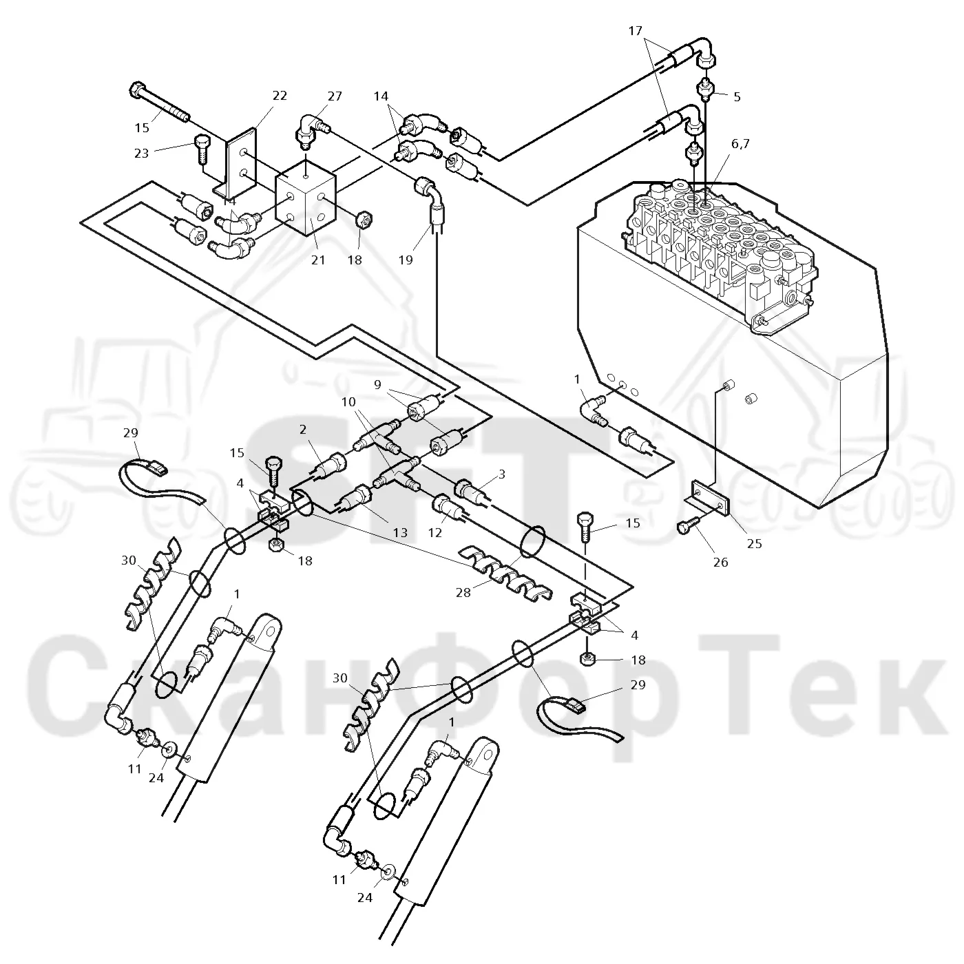 Схема: Valmet / Форвардер / Valmet 890.1 / Valmet 890.1  Ch. 117351-, 119441- / Valmet 890.1  Ch. 117351-, 119 / Каталог запасных частей / шасси / Строгальное лезвие / Гидравлическое оборудование строгального лезвия