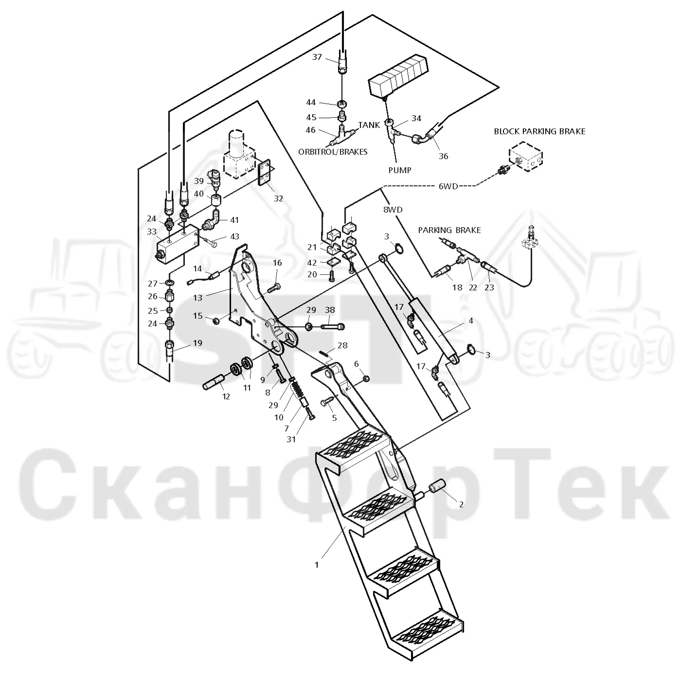 Схема: Valmet / Форвардер / Valmet 890.1 / Valmet 890.1  Ch. -117350, -119440 / Valmet 890.1  Ch. -117350, -11 / Каталог запасных частей / шасси / Ступени, лестницы и платформы / Гидравлическая лестница