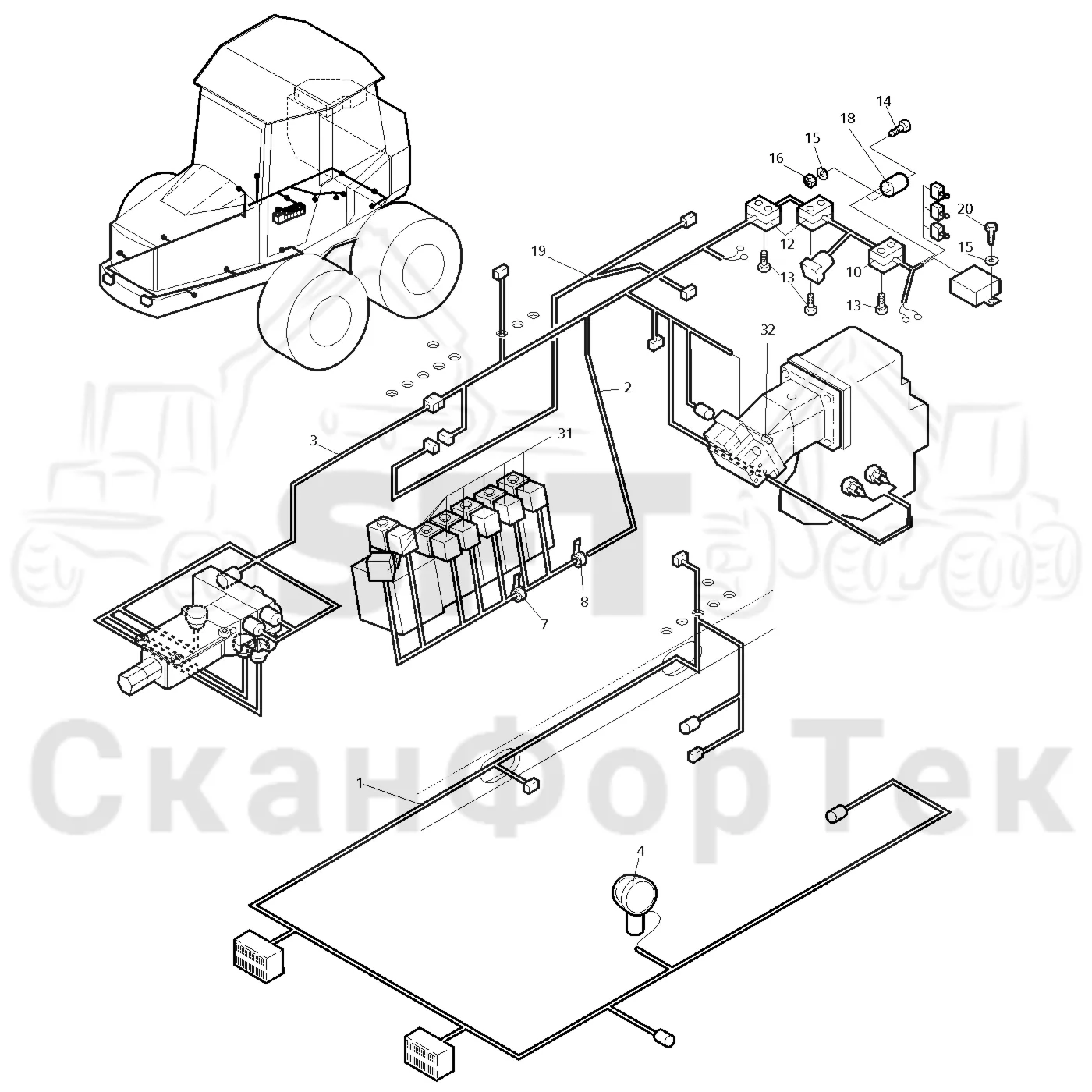 Схема: Valmet / Форвардер / Valmet 890.1 / Valmet 890.1 Ch. -117350, -119440 / Valmet 890.1 Ch. -117350, -11 / Каталог запасных частей / шасси / Электрический Оборудование / Комплект кабелей передней рамы -7340, -9400