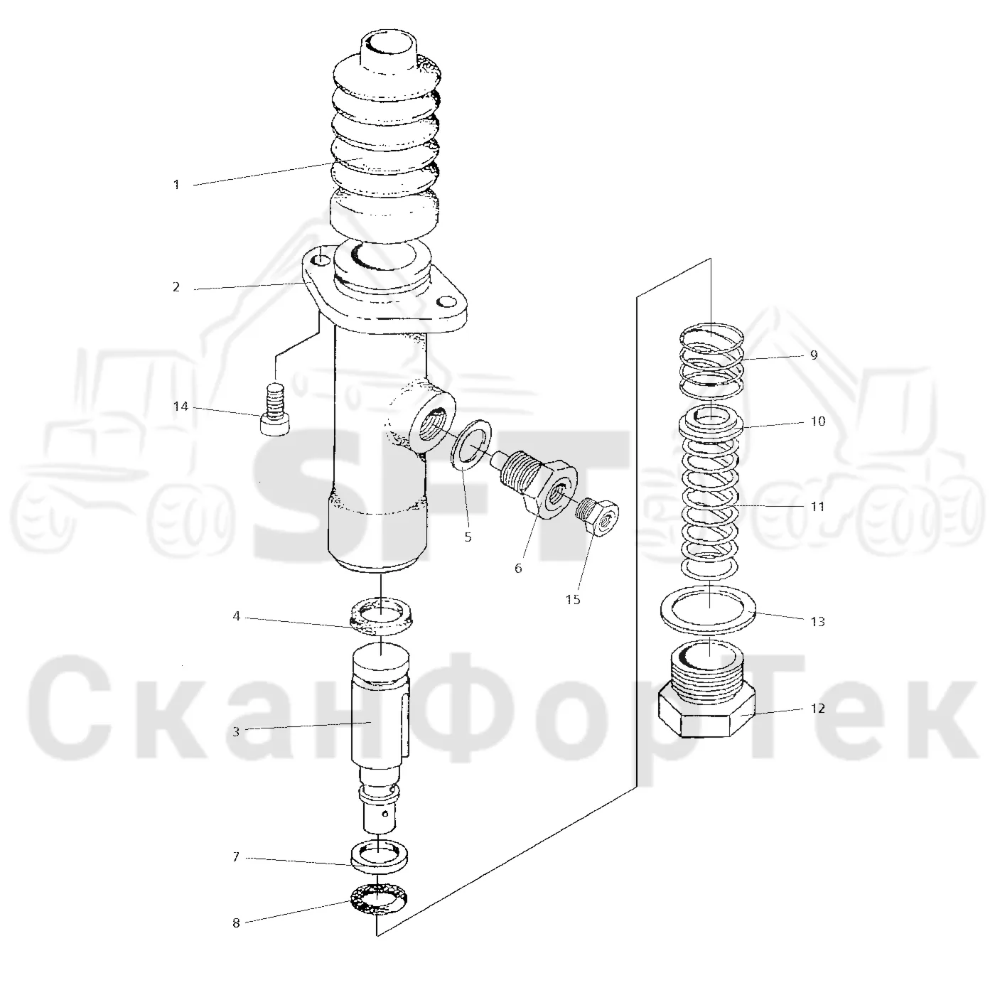 Схема: Valmet / Форвардер / Valmet 890.1 / Valmet 890.1 Ch. -117350, -119440 / Valmet 890.1 Ch. -117350, -11 / Каталог запасных частей / Тормоза / Тормоза на 6 колес / Тормозной цилиндр