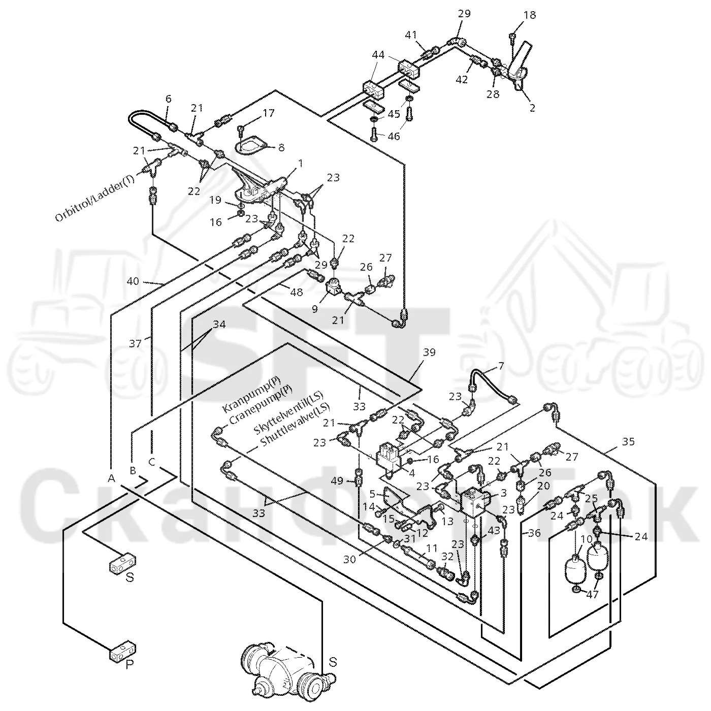Схема: Valmet / Форвардер / Valmet 890.1 / Valmet 890.1 Ch. 117351-, 119441- / Valmet 890.1 Ch. 117351-, 119 / Каталог запасных частей / Тормоза / Тормоза на 6 колес / Тормозная система