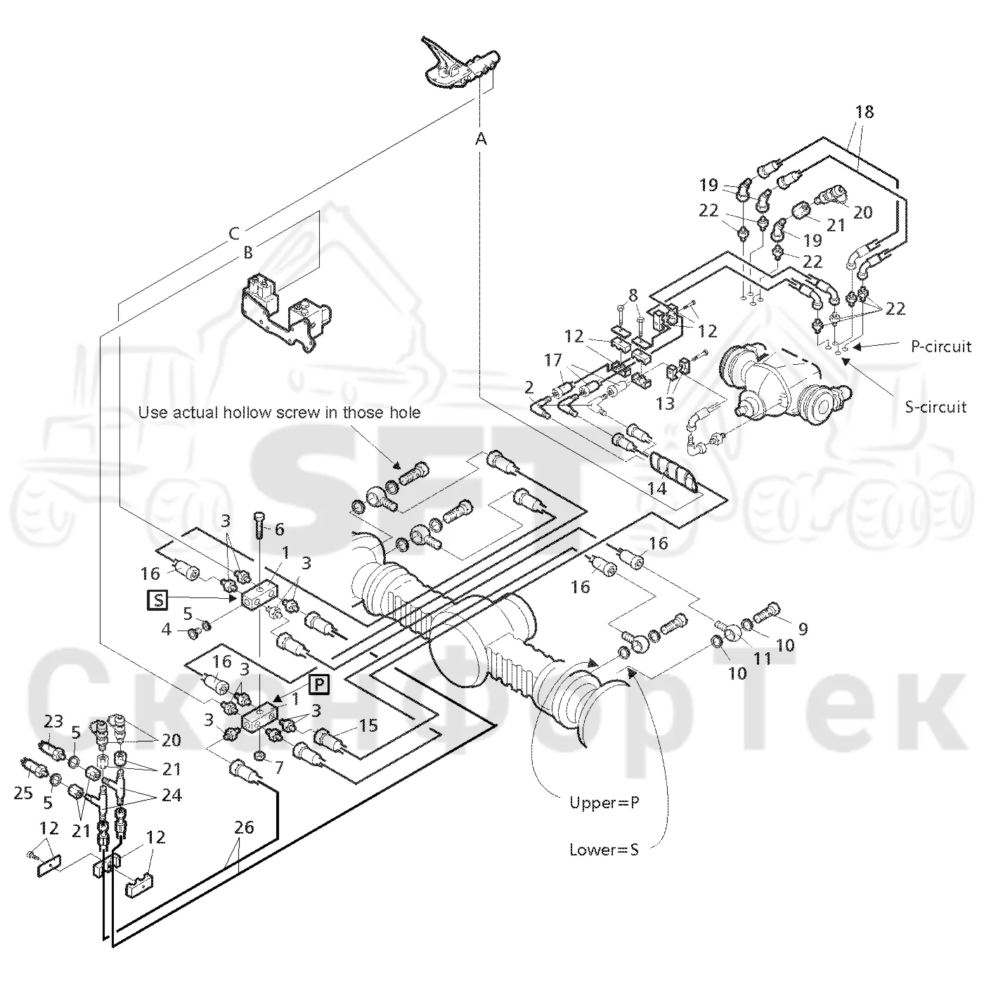 Схема: Valmet / Форвардер / Valmet 890.1 / Valmet 890.1 Ch. 117351-, 119441- / Valmet 890.1 Ch. 117351-, 119 / Каталог запасных частей / Тормоза / Тормоза на 6 колес / Тормозная система