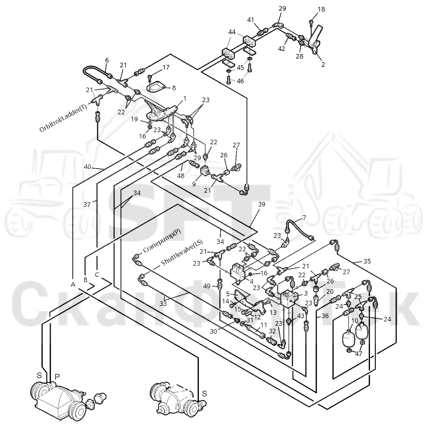 Схема: Valmet / Форвардер / Valmet 890.1 / Valmet 890.1 Ch. 117351-, 119441- / Valmet 890.1 Ch. 117351-, 119 / Каталог запасных частей / Тормоза / Тормоза на 8 колес / Тормозная система