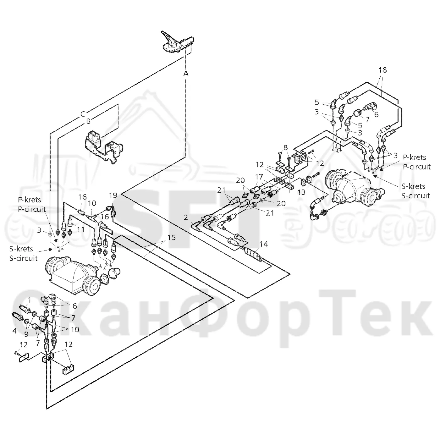 Схема: Valmet / Форвардер / Valmet 890.1 / Valmet 890.1 Ch. 117351-, 119441- / Valmet 890.1 Ch. 117351-, 119 / Каталог запасных частей / Тормоза / Тормоза на 8 колес / Тормозная система