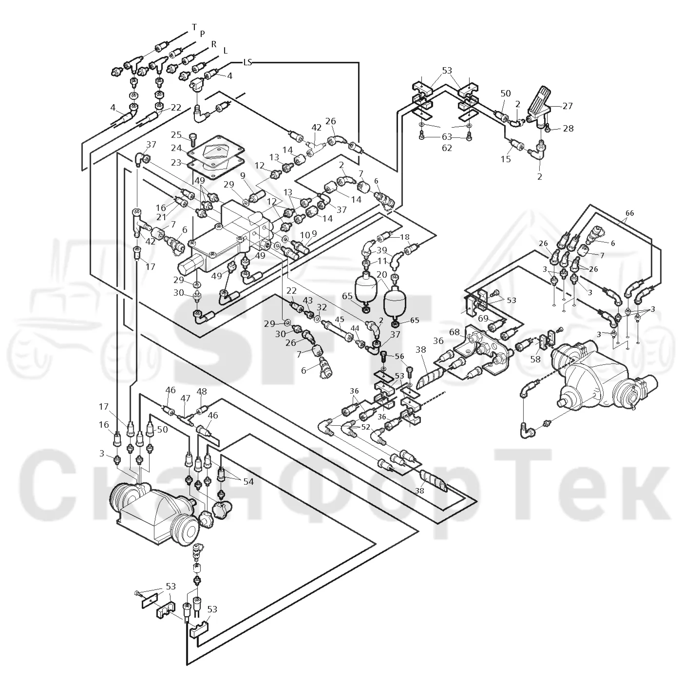 Схема: Valmet / Форвардер / Valmet 890.1 / Valmet 890.1 Ch. -117350, -119440 / Valmet 890.1 Ch. -117350, -11 / Каталог запасных частей / Тормоза / Тормоза на 8 колес / Тормоз агрегат подготовки почвы