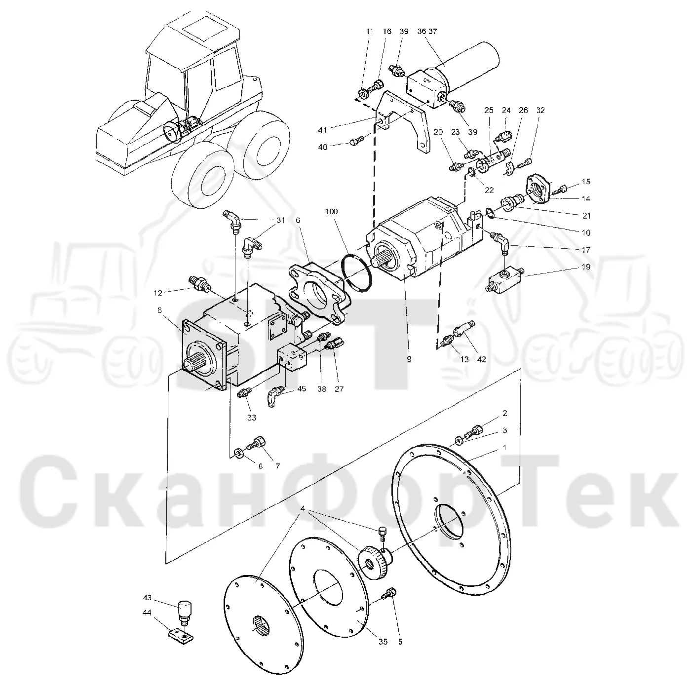 Схема: Valmet / Форвардер / Valmet 890.1 / Valmet 890.1  Ch. -117350, -119440 / Valmet 890.1  Ch. -117350, -11 / Каталог запасных частей / Гидравлика / Гидравлические насосы / Насосная установка 110cc
