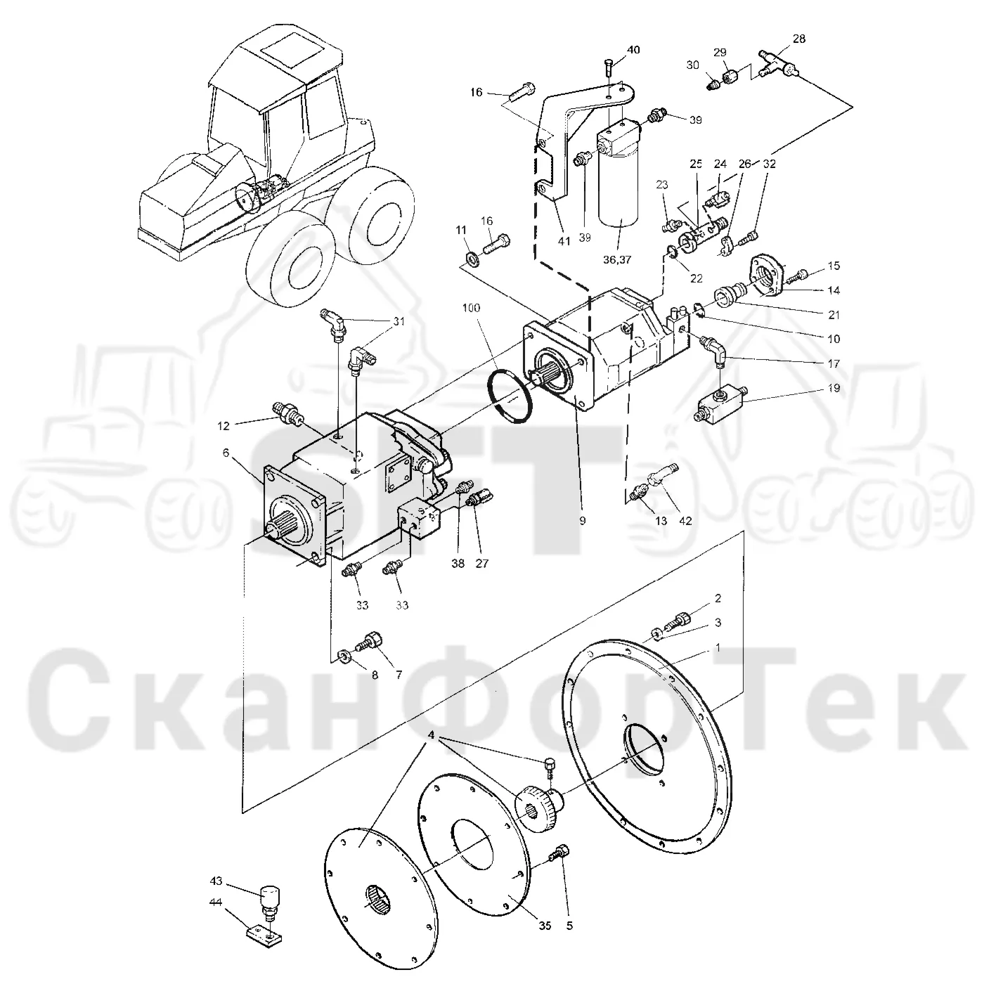 Схема: Valmet / Форвардер / Valmet 890.1 / Valmet 890.1 Ch. -117350, -119440 / Valmet 890.1 Ch. -117350, -11 / Каталог запасных частей / Гидравлика / Гидравлические насосы / Насосная установка 140cc