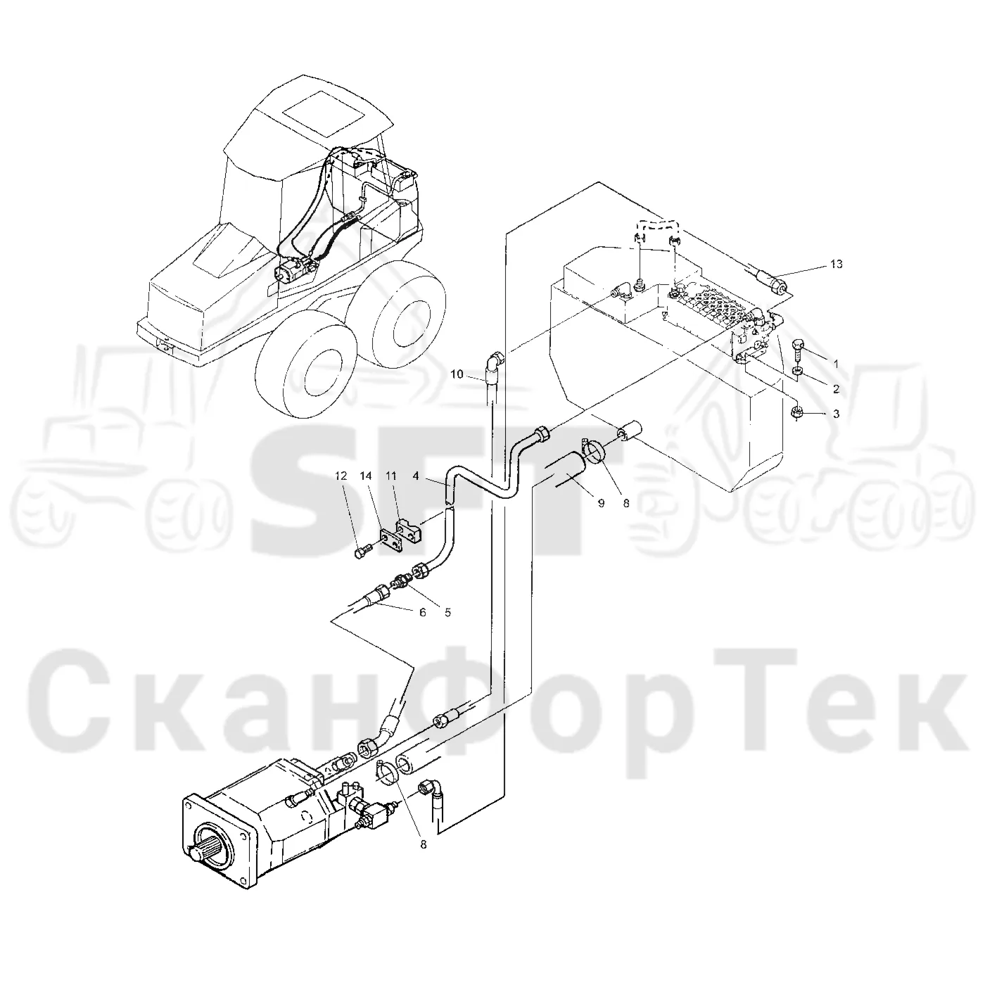 Схема: Valmet / Форвардер / Valmet 890.1 / Valmet 890.1  Ch. 117351-, 119441- / Valmet 890.1  Ch. 117351-, 119 / Каталог запасных частей / Гидравлика / Гидравлические насосы / Подвод шланга / Подвод шланга