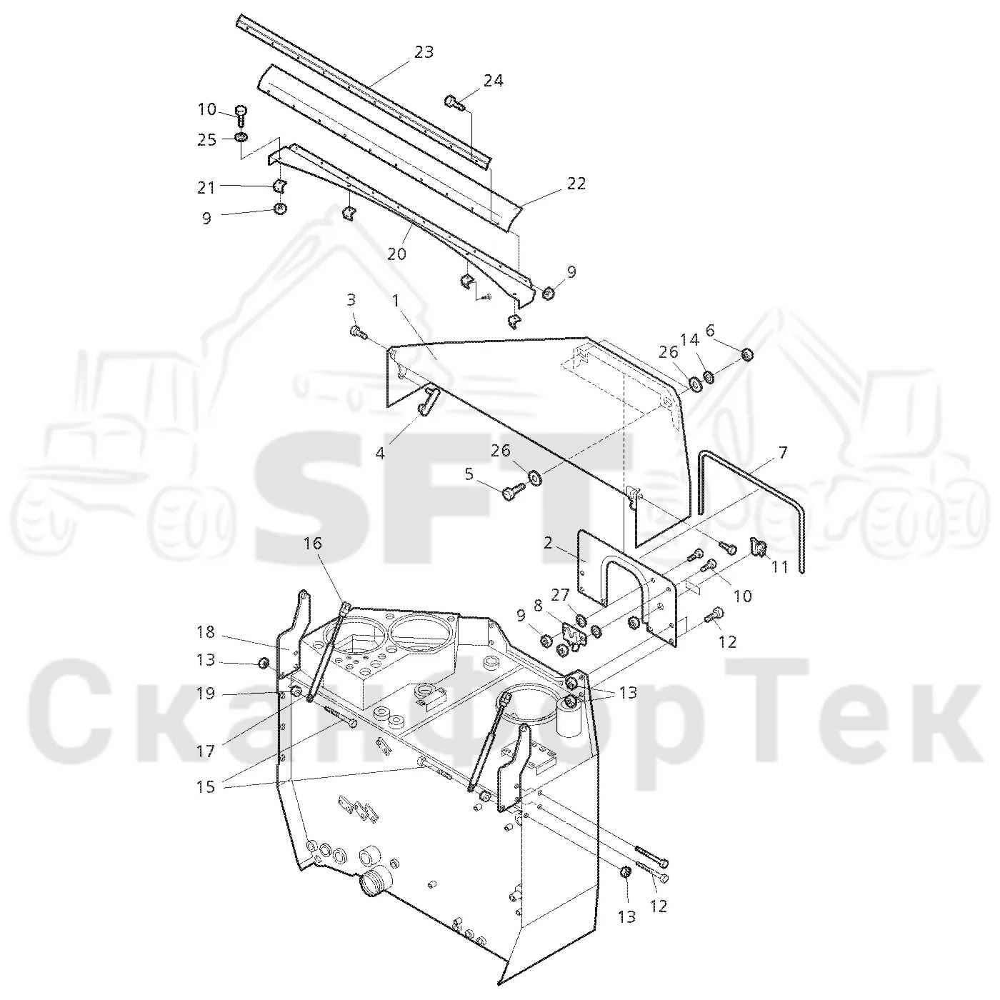 Схема: Valmet / Форвардер / Valmet 890.1 / Valmet 890.1  Ch. -117350, -119440 / Valmet 890.1  Ch. -117350, -11 / Каталог запасных частей / Гидравлика / Бак гидравлики / Защитные крышки бака гидравлического масла