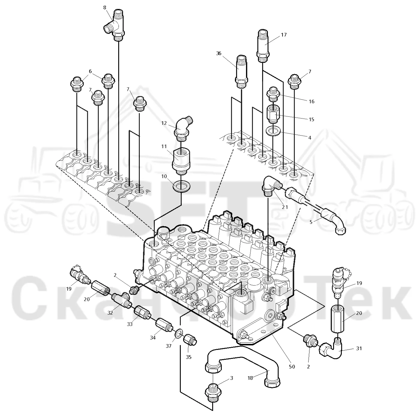 Схема: Valmet / Форвардер / Valmet 890.1 / Valmet 890.1 Ch. 117351-, 119441- / Valmet 890.1 Ch. 117351-, 119 / Каталог запасных частей / Гидравлика / Узел клапана / Узел клапана 1250