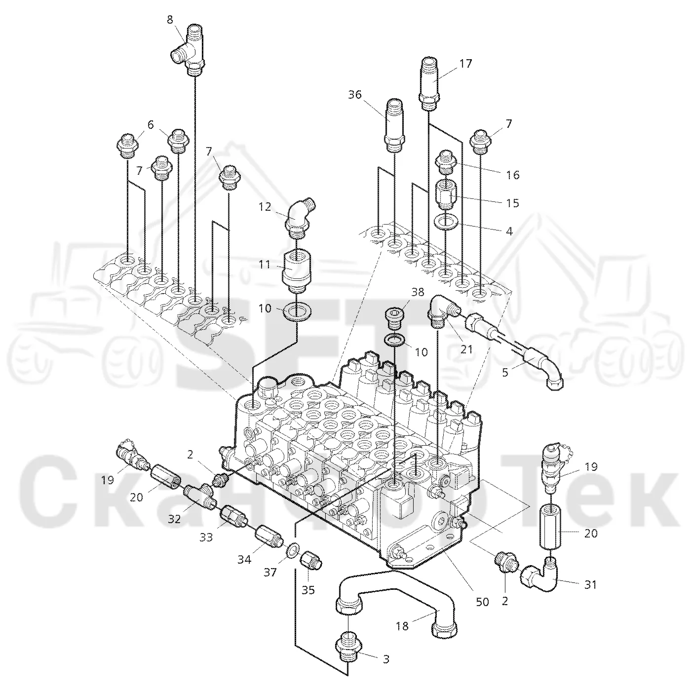 Схема: Valmet / Форвардер / Valmet 890.1 / Valmet 890.1 Ch. -117350, -119440 / Valmet 890.1 Ch. -117350, -11 / Каталог запасных частей / Гидравлика / Узел клапана / Узел клапана
