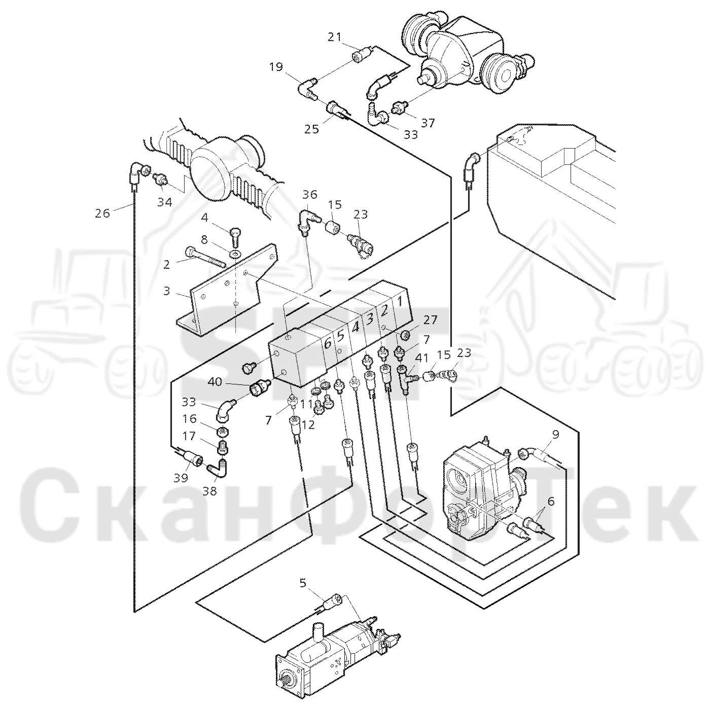 Схема: Valmet / Форвардер / Valmet 890.1 / Valmet 890.1 Ch. -117350, -119440 / Valmet 890.1 Ch. -117350, -11 / Каталог запасных частей / Гидравлика / Клапан обслуживания / Клапан обслуживания на 6 колес