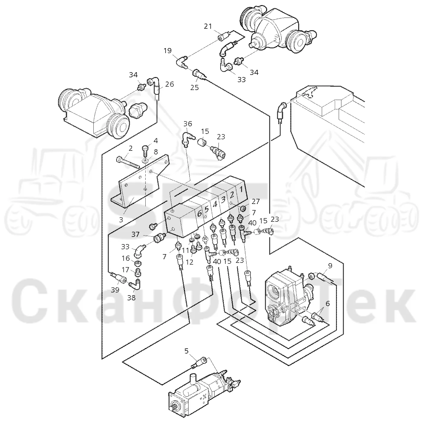 Схема: Valmet / Форвардер / Valmet 890.1 / Valmet 890.1  Ch. 117351-, 119441- / Valmet 890.1  Ch. 117351-, 119 / Каталог запасных частей / Гидравлика / Клапан обслуживания / Клапан обслуживания на 8 колес