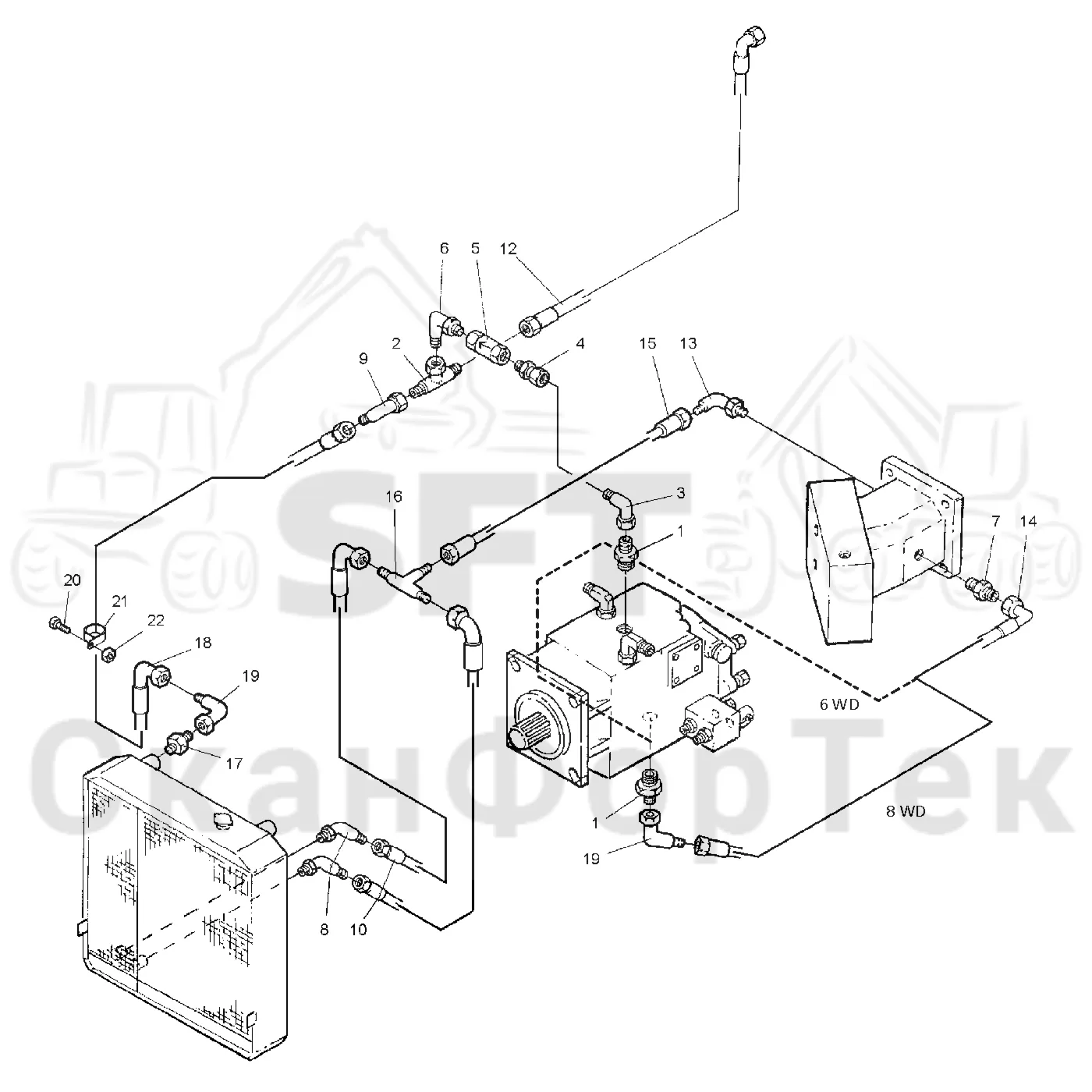 Схема: Valmet / Форвардер / Valmet 890.1 / Valmet 890.1 Ch. -117350, -119440 / Valmet 890.1 Ch. -117350, -11 / Каталог запасных частей / Гидравлика / Система охлаждения масла / Охлаждение смазочного масла для гидравлических систем