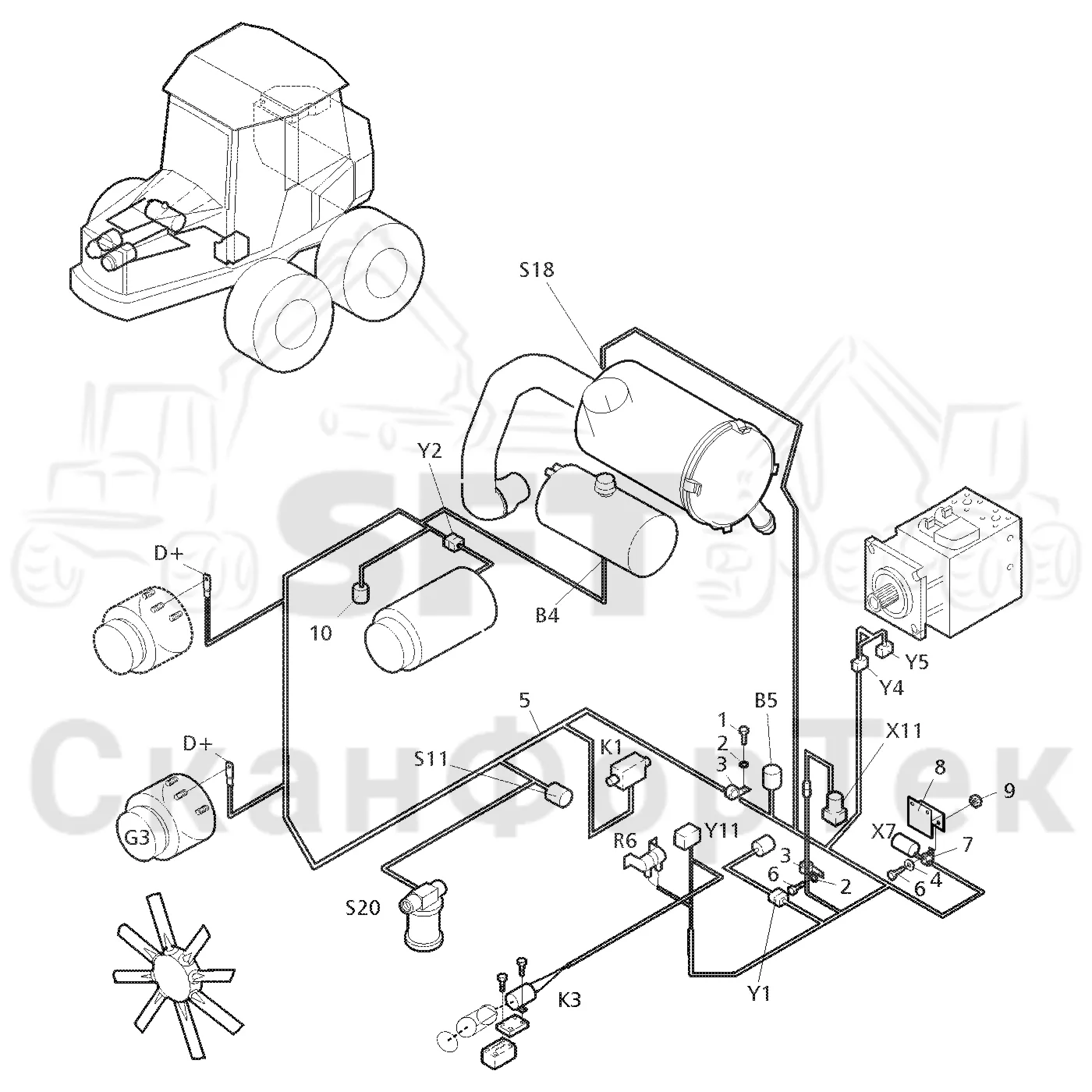 Схема: Valmet / Форвардер / Valmet 890.1 / Valmet 890.1  Ch. 117351-, 119441- / Valmet 890.1  Ch. 117351-, 119 / Каталог запасных частей / Двигатель / Электрический / Комплект кабелей двигателя