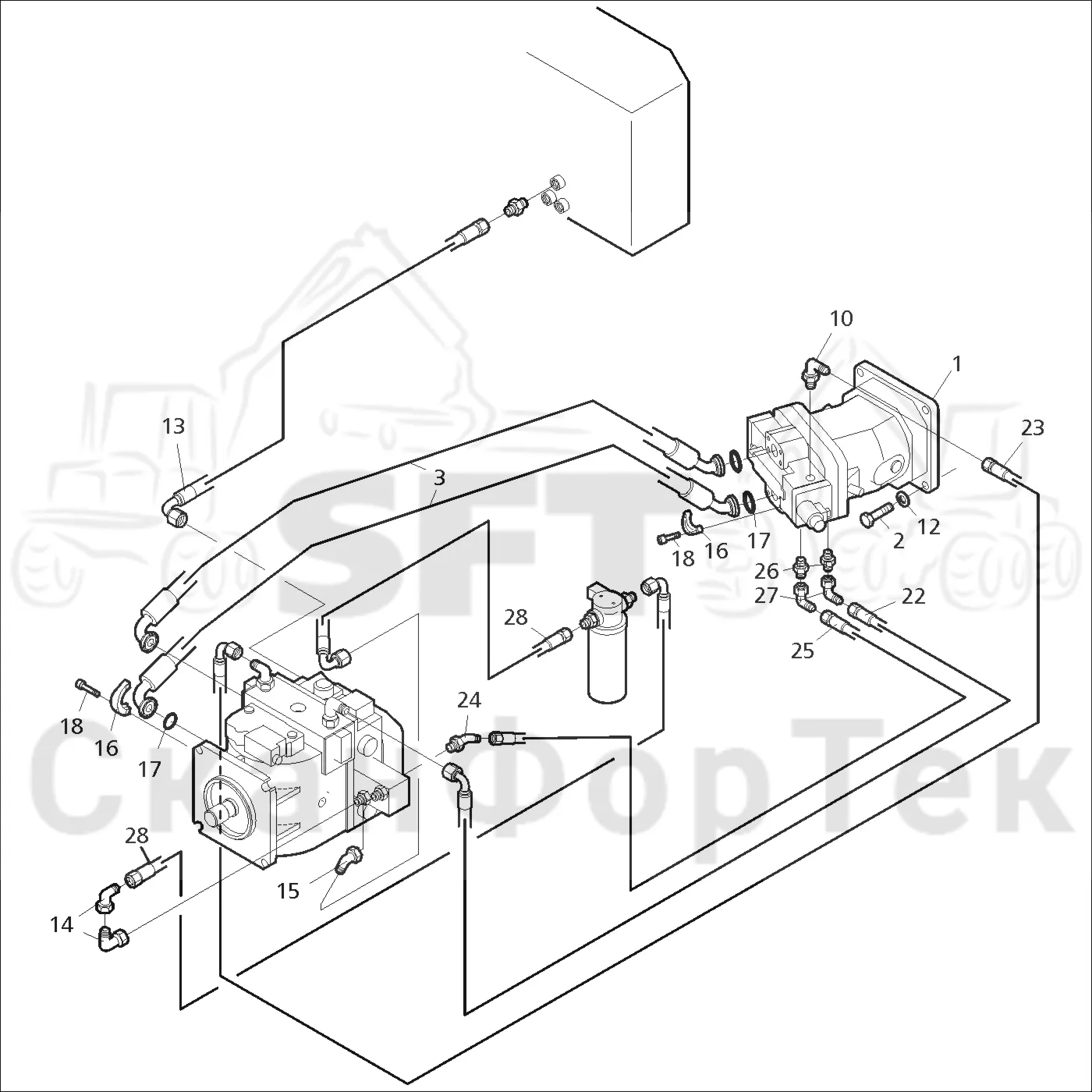 Схема: Valmet / Форвардер / Valmet 890.1 / Valmet 890.1 Ch. 117351-, 119441- / Valmet 890.1 Ch. 117351-, 119 / Каталог запасных частей / Коробка передач / Оборудование гидростатики / Гидростатическо-гидравлический мотор 9520-