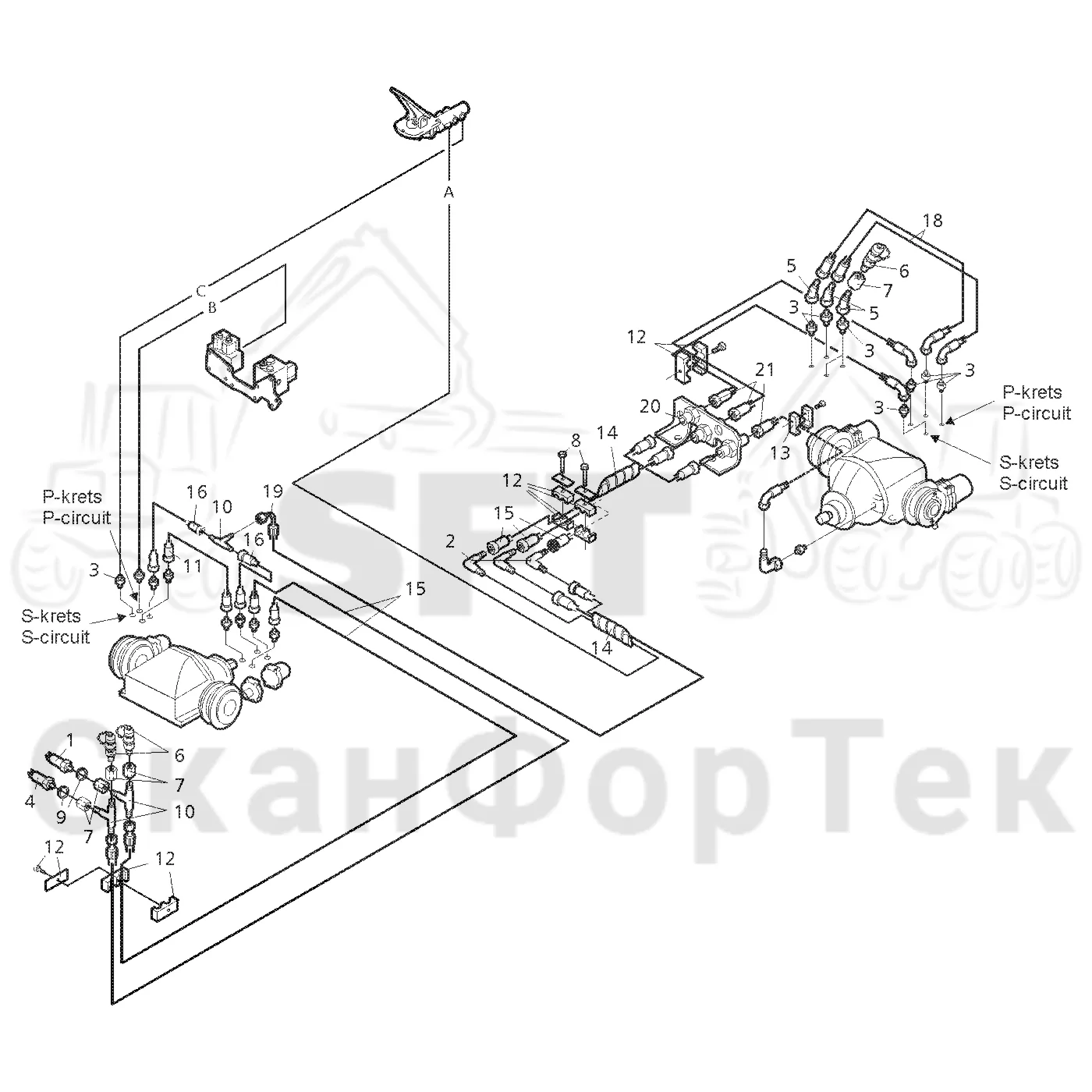 Схема: Valmet / Форвардер / Valmet 890.1 / Valmet 890.1  Ch. 117351-, 119441- / Valmet 890.1  Ch. 117351-, 119 / Каталог запасных частей / Тормоза / Тормоза на 8 колес / Тормоз агрегат подготовки почвы