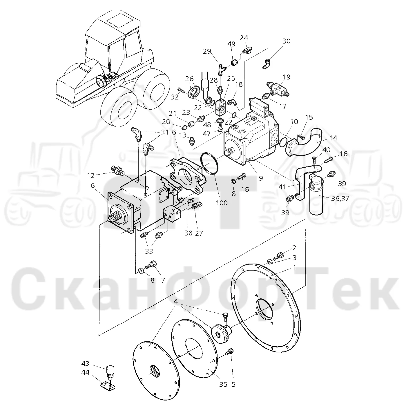 Схема: Valmet / Форвардер / Valmet 890.1 / Valmet 890.1 Ch. 117351-, 119441- / Valmet 890.1 Ch. 117351-, 119 / Каталог запасных частей / Гидравлика / Гидравлические насосы / Насосная установка 170cc