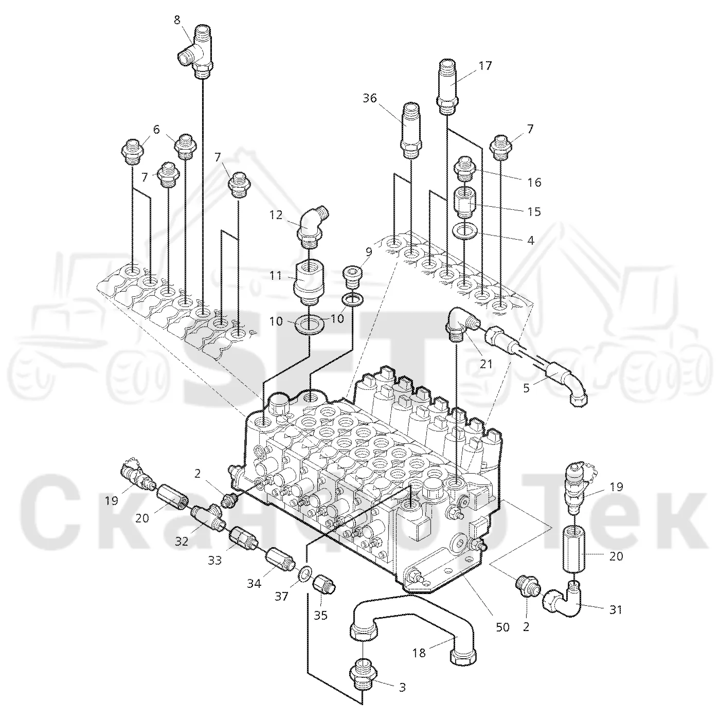 Схема: Valmet / Форвардер / Valmet 890.1 / Valmet 890.1  Ch. 117351-, 119441- / Valmet 890.1  Ch. 117351-, 119 / Каталог запасных частей / Гидравлика / Узел клапана / Узел клапана CRF 12, 9553-