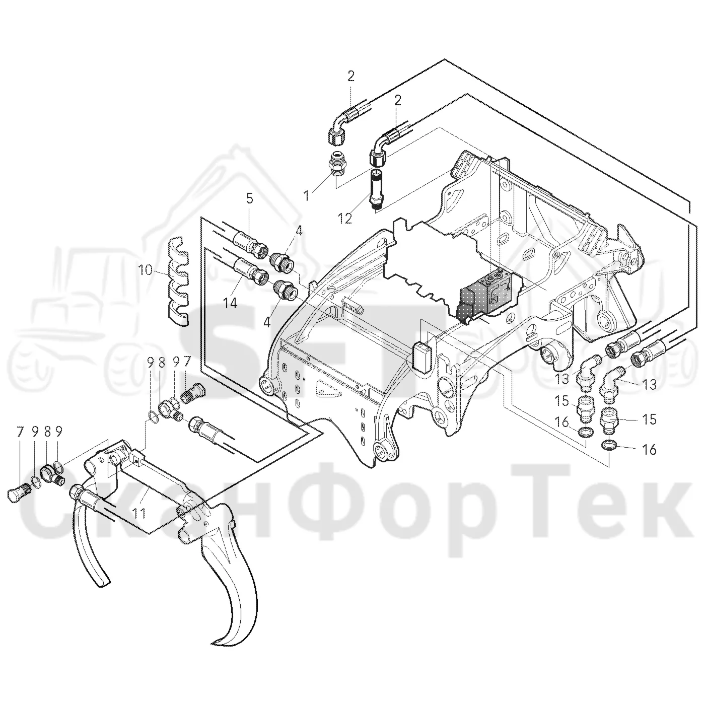 Схема: Valmet / Головки лесозаготовительной машины / Valmet 370 / Valmet 370 Ch 11601- / Valmet 370 Ch 11601- / Valmet 370 11601- / Каталог запасных частей / Обрезка сучьев / Гидравлическое оборудование передних сучкорезных ножей