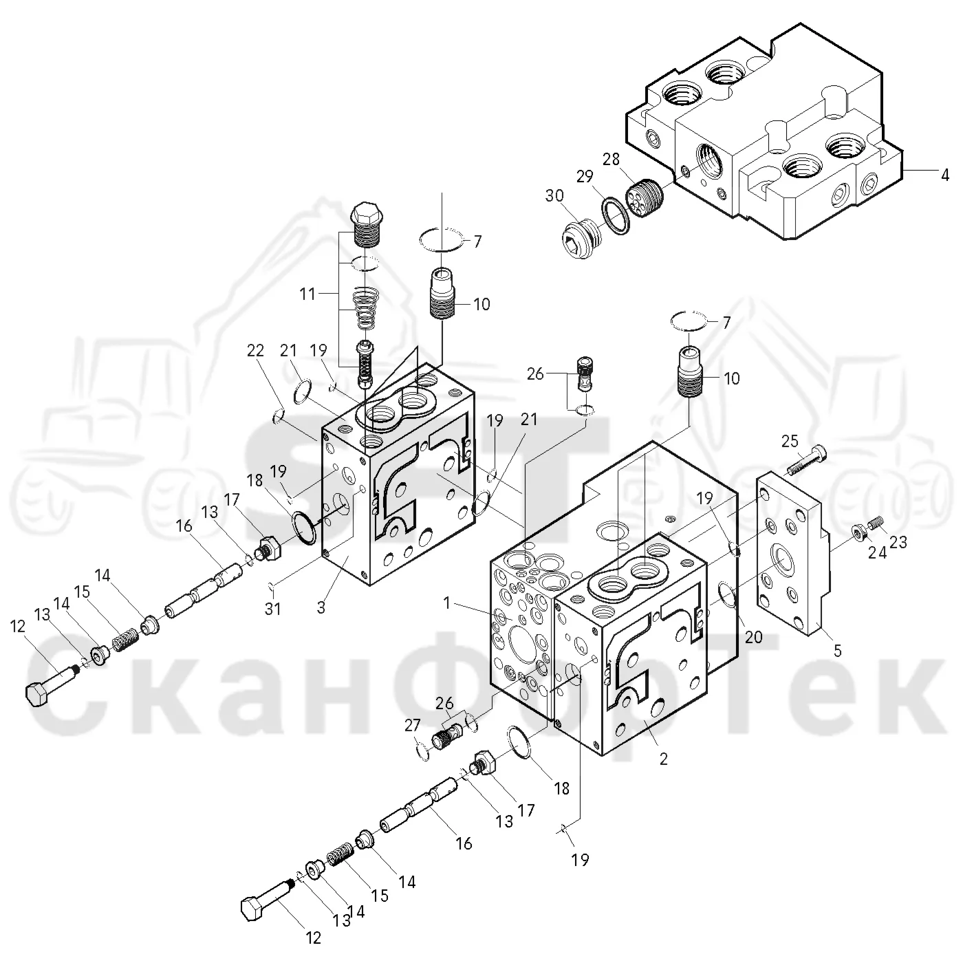 Схема: Valmet / Головки лесозаготовительной машины / Valmet 370 / Valmet 370 Ch. 11550- / Valmet 370 Ch. 11550- / Valmet 370 11550- / Каталог запасных частей / Гидравлический клапан / Центральная секция