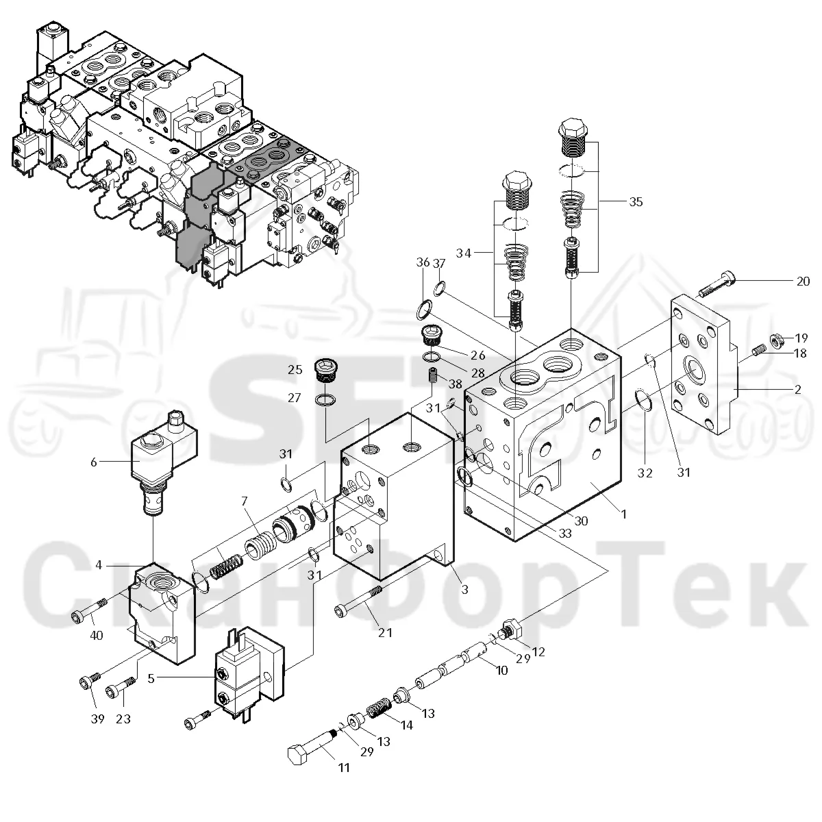 Схема: Valmet / Лесозаготовительные машины / Valmet 911.3 / Valmet 911.3 Ch - 311370 / Valmet 911.3 Ch - 311370 / Каталог запасных частей / Лесозаготовительное оборудование / Головка лесозаготовительной машины / Valmet 360 / Valmet 360 / Valmet 360 Ch. 11451- / Valmet 360 Ch. 11451- / Каталог запасных частей / Гидравлический клапан / Клапан. Задние сучкорезные ножи