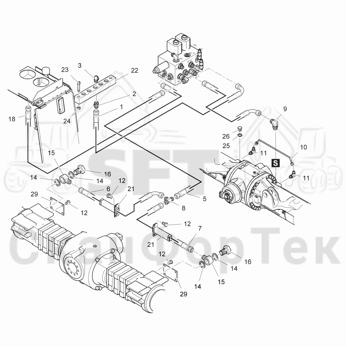 Схема: Valmet / Лесозаготовительные машины / Valmet 911.4 / Valmet 911.4 / Каталог запасных частей / Тормоза / Тормоза на 4 колеса / Гидравлический привод тормозов на 4 колеса 9110041422-
