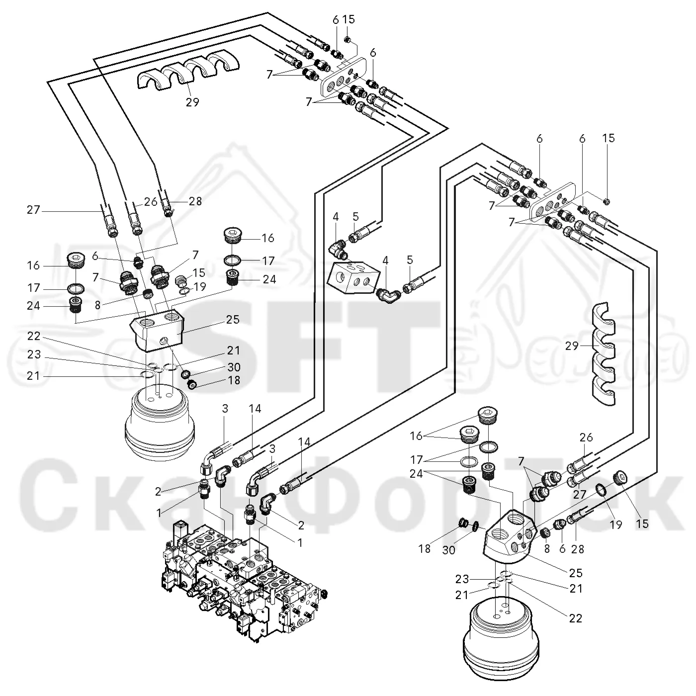Схема: Valmet / Головки лесозаготовительной машины / Valmet 370 / Valmet 370 Ch 11601- / Valmet 370 Ch 11601- / Valmet 370 11601- / Каталог запасных частей / Подача / Гидравлическое оборудование односкоростной подачи