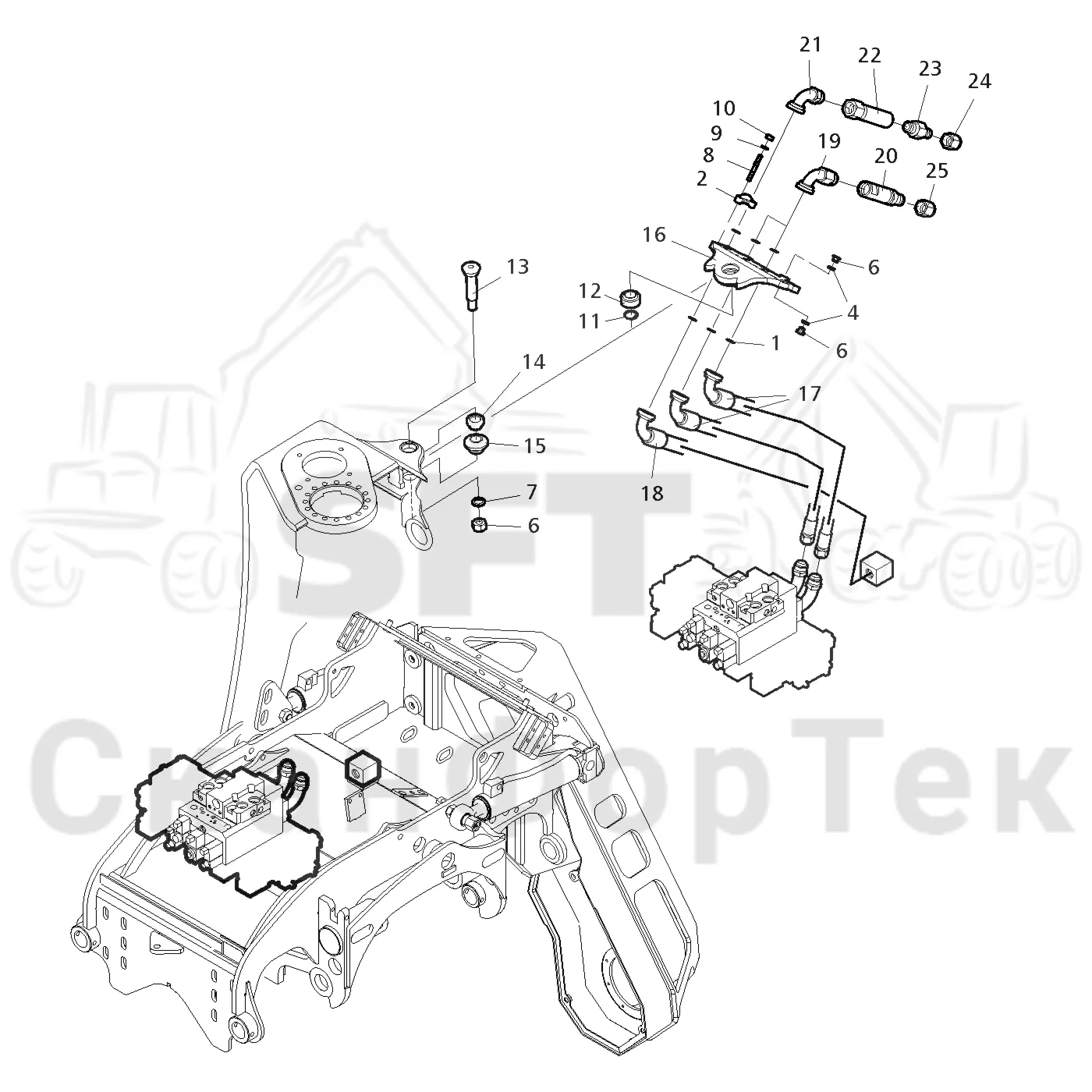 Схема: Valmet / Головки лесозаготовительной машины / Valmet 370 / Valmet 370   Ch. 11671- / Valmet 370   Ch. 11671- / Valmet 370   Ch. 11671- / Каталог запасных частей / Поворотные устройства и звенья / Гидравлическое оборудование головки