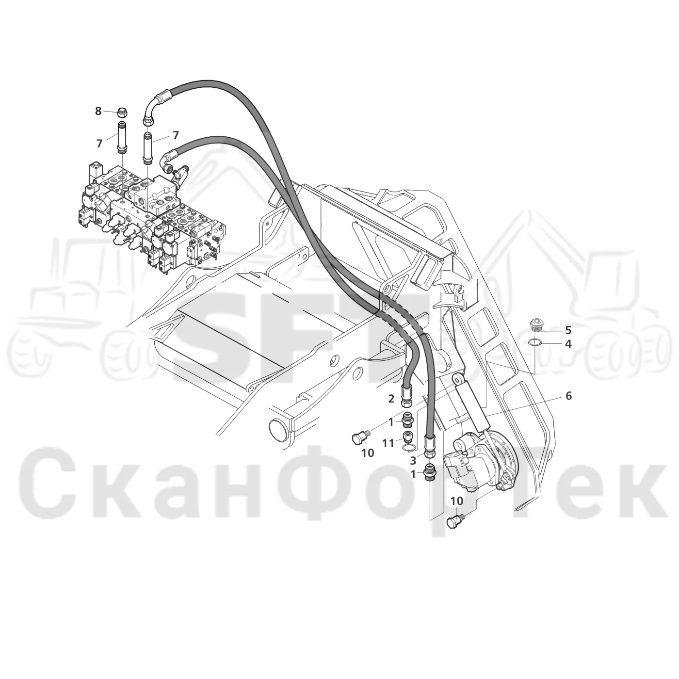 Схема: Valmet / Лесозаготовительные машины / Valmet 941.1 / Valmet 941.1 / Каталог запасных частей / Лесозаготовительное оборудование / Головка лесозаготовительной машины / Valmet 370 E / Valmet 370 E / Valmet 370 E Ch. 11171- / Каталог запасных частей / Резка / Гидравлический привод цилиндра резки / Гидравлический привод цилиндра резки