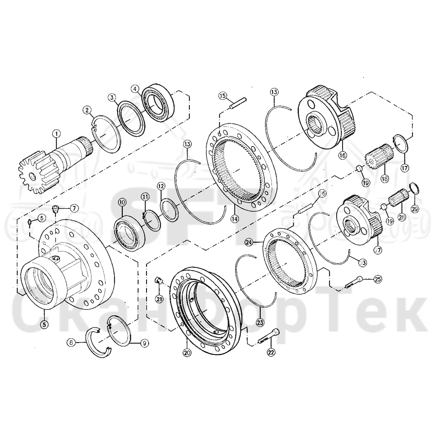 Схема: Valmet / Лесозаготовительные машины / Valmet 901.1 / Valmet 901.1 / Каталог запасных частей / Подъемный кран / Поворотный механизм