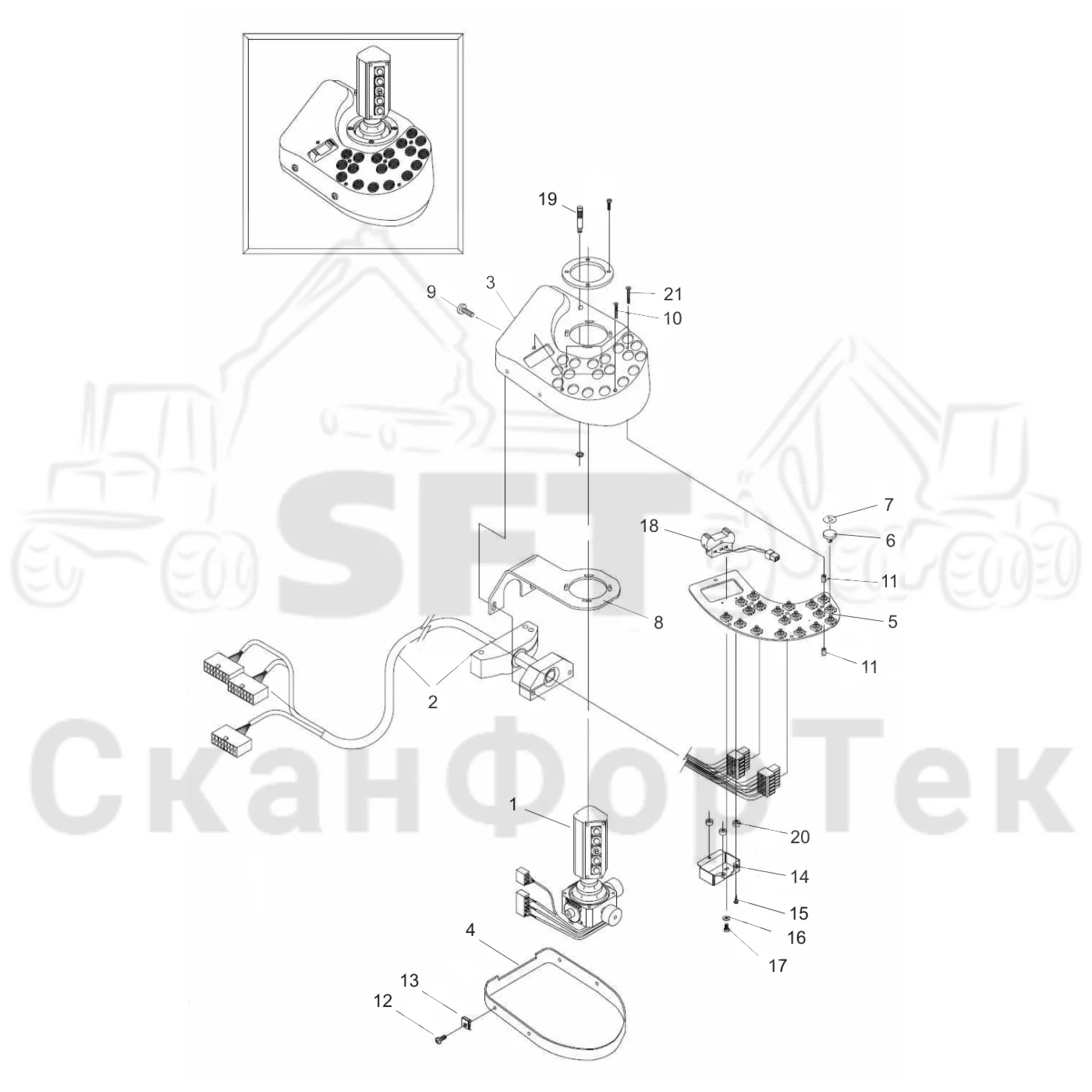 Схема: Valmet / Лесозаготовительные машины / Valmet 901.4 / Valmet 901.4 / Каталог запасных частей / Система управления / Регулятор / Электрический набор Малогабаритные рычаги / Рычаги управления правый