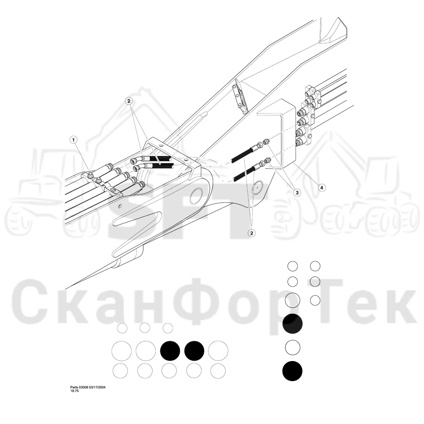 Схема: Valmet / Лесозаготовительные машины / Valmet 901TX / Valmet 901TX / Каталог запасных частей / Тормоза / Тормоза / Disc Saw Hydraulics / Main Boom To Stick Boom - Pressure & Return
