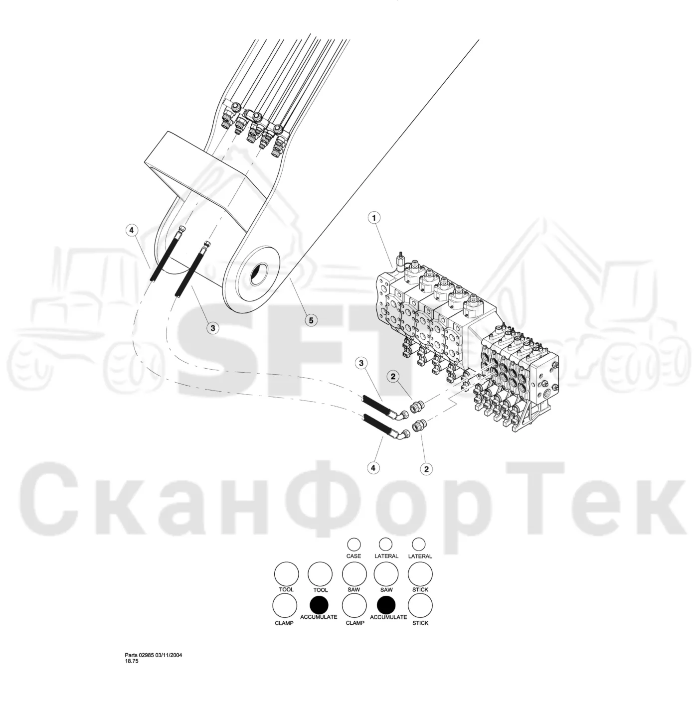 Схема: Valmet / Лесозаготовительные машины / Valmet 901TX / Valmet 901TX / Каталог запасных частей / Тормоза / Тормоза / Bar/Disc Saw Hydraulics / Accumulate Function w/lateral tilt