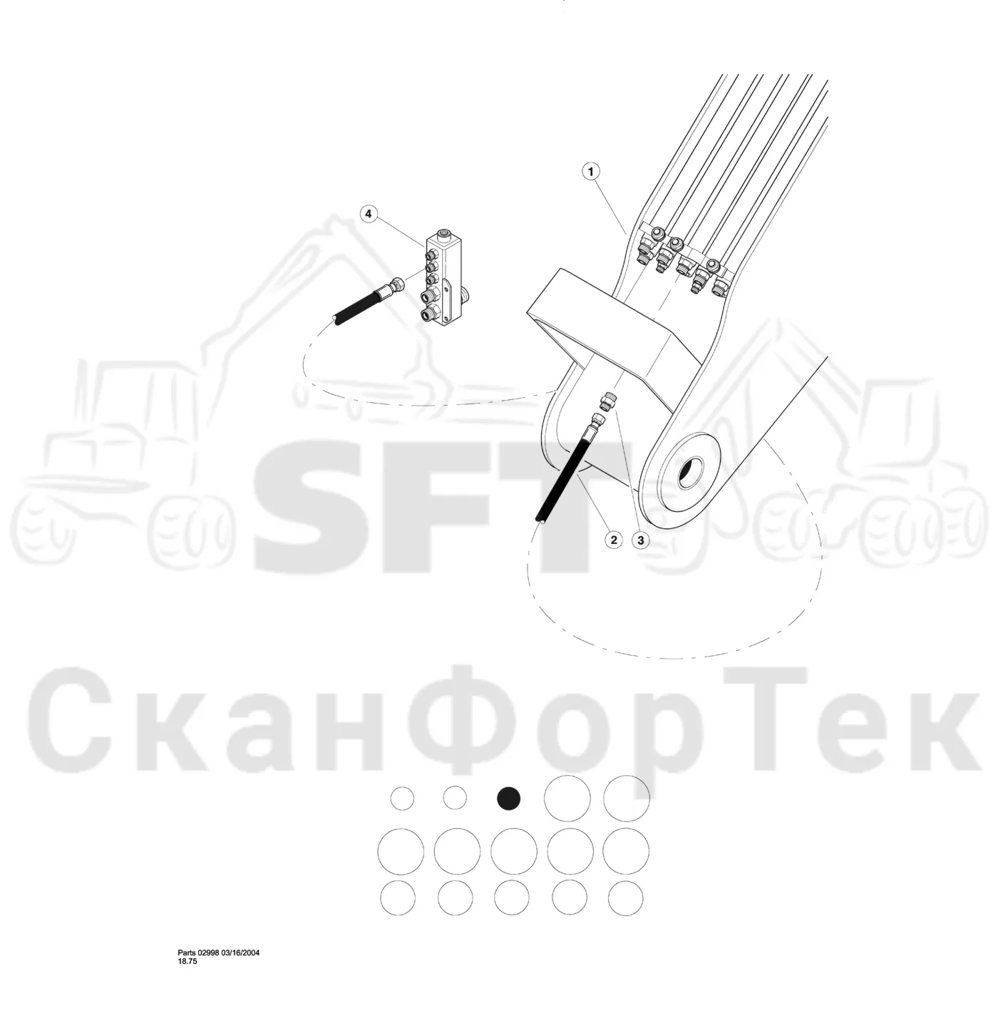 Схема: Valmet / Лесозаготовительные машины / Valmet 901TX / Valmet 901TX / Каталог запасных частей / Тормоза / Тормоза / Bar/Disc Saw Hydraulics / Case drain line to return oil manifold