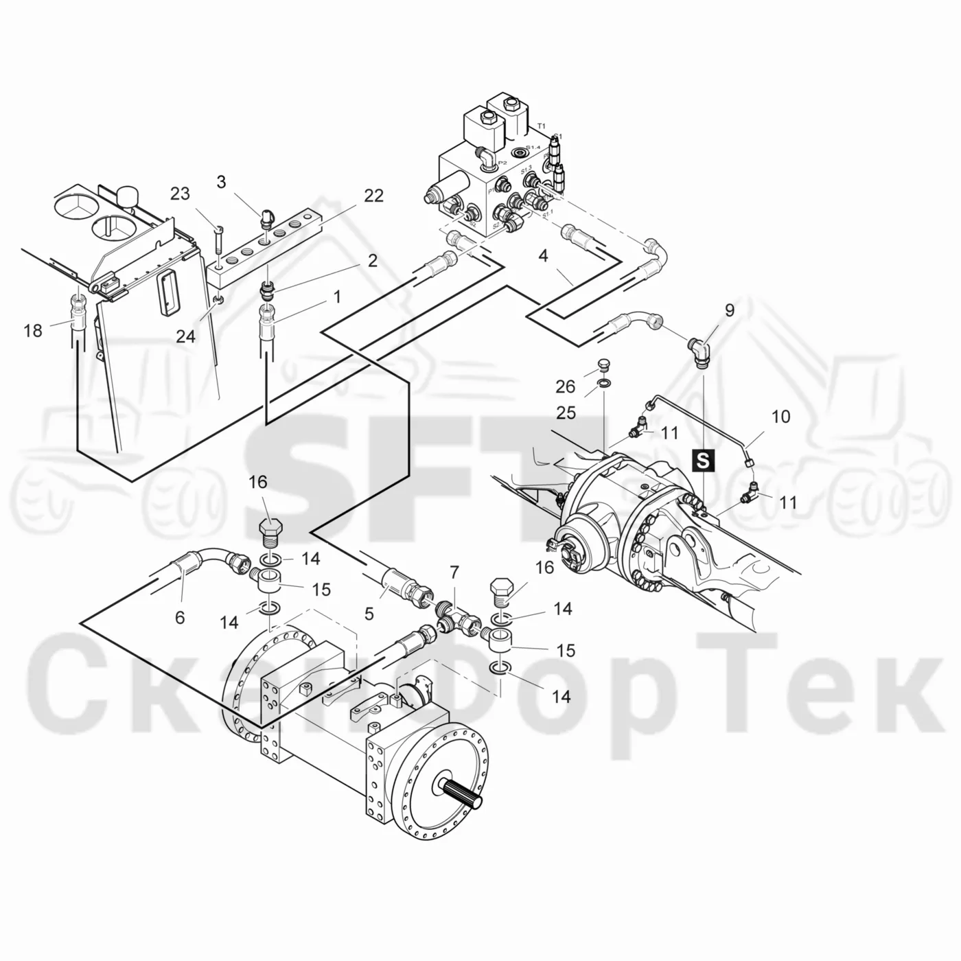 Схема: Komatsu / Лесозаготовительные машины / 901.4 / Каталог запасных частей / Тормоза / Тормоза на 6 колес / Полноприводная тормозная система на 6 колес гидравлика