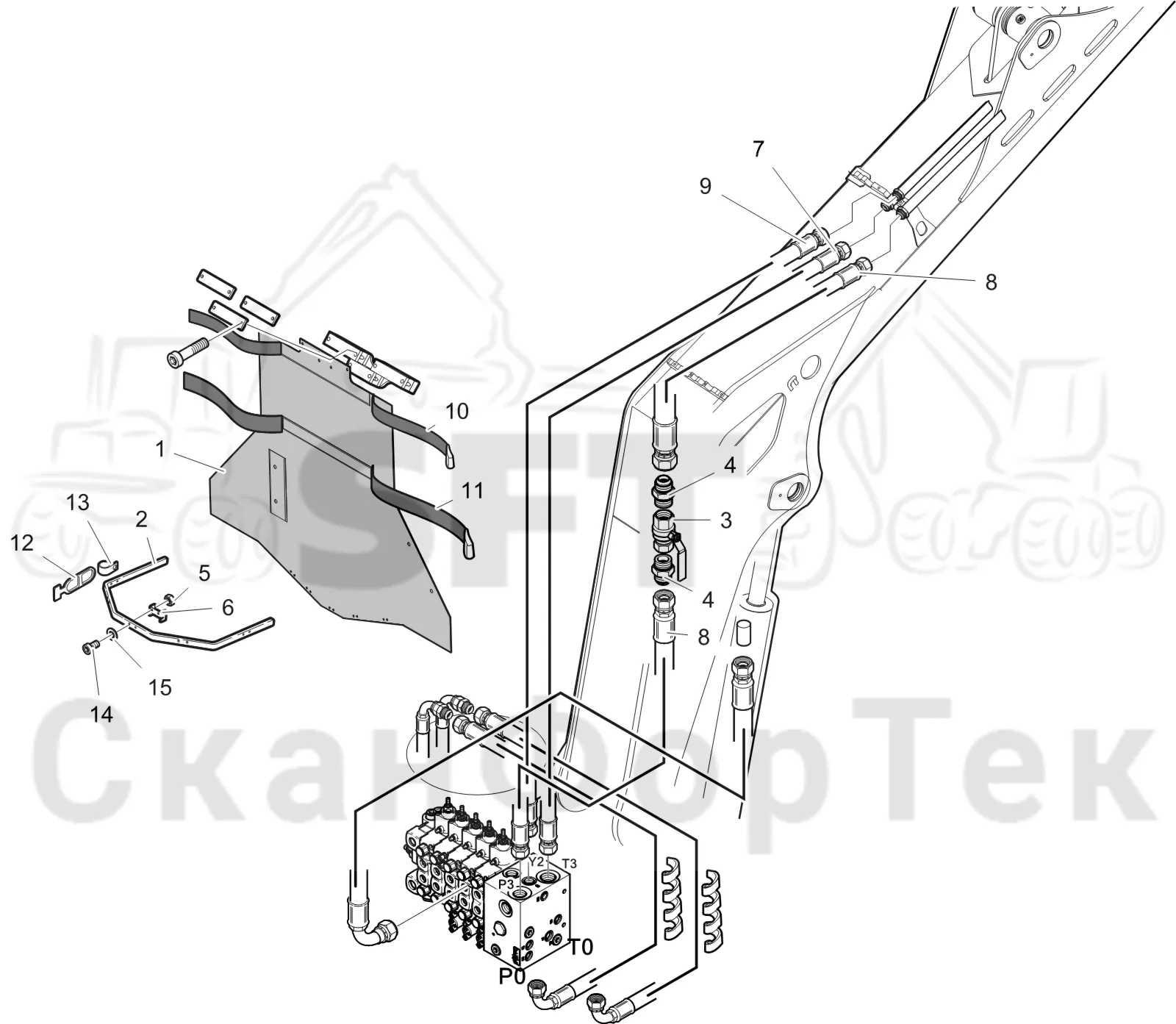 Схема: Valmet / Лесозаготовительные машины / Valmet 941.1 / Valmet 941.1 / Каталог запасных частей / Подъемный кран / Прокладка шланга / Прокладка шланга / Подъемный кран 113001-