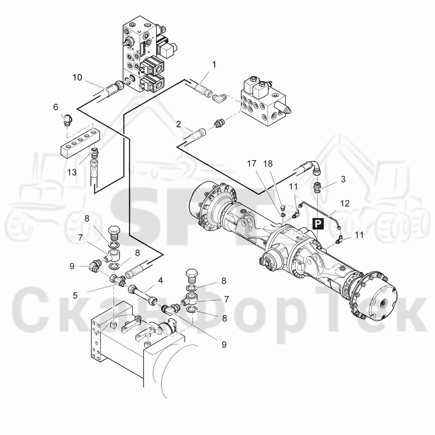 Схема: Komatsu / Лесозаготовительные машины / 901.4 / Каталог запасных частей / Тормоза / Тормоза на 6 колес / Гидравлический стояночный тормоз на 6 колес