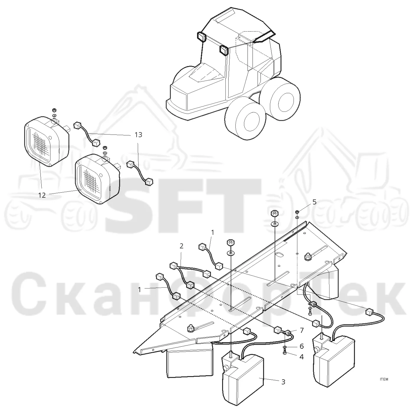 Схема: Valmet / Форвардер / Valmet 890.2 / Valmet 890.2 / Каталог запасных частей / Кабина / Рабочие лампы и стеклоочиститель / Рабочие лампы, галогеновые / Рабочие лампы, галогеновые