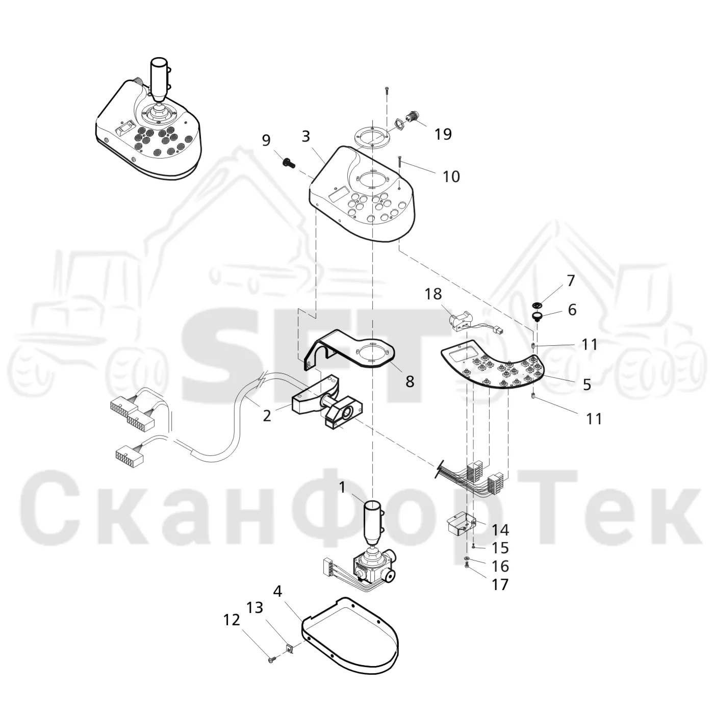 Схема: Valmet / Форвардер / Valmet 860.1 / Valmet 860.1 Ch. 115421- / Valmet 860.1 Ch. 115421- / Каталог запасных частей / Система управления / Регулятор / Электрооборудование рычажного устройства 115373- / Рычаги управления правый