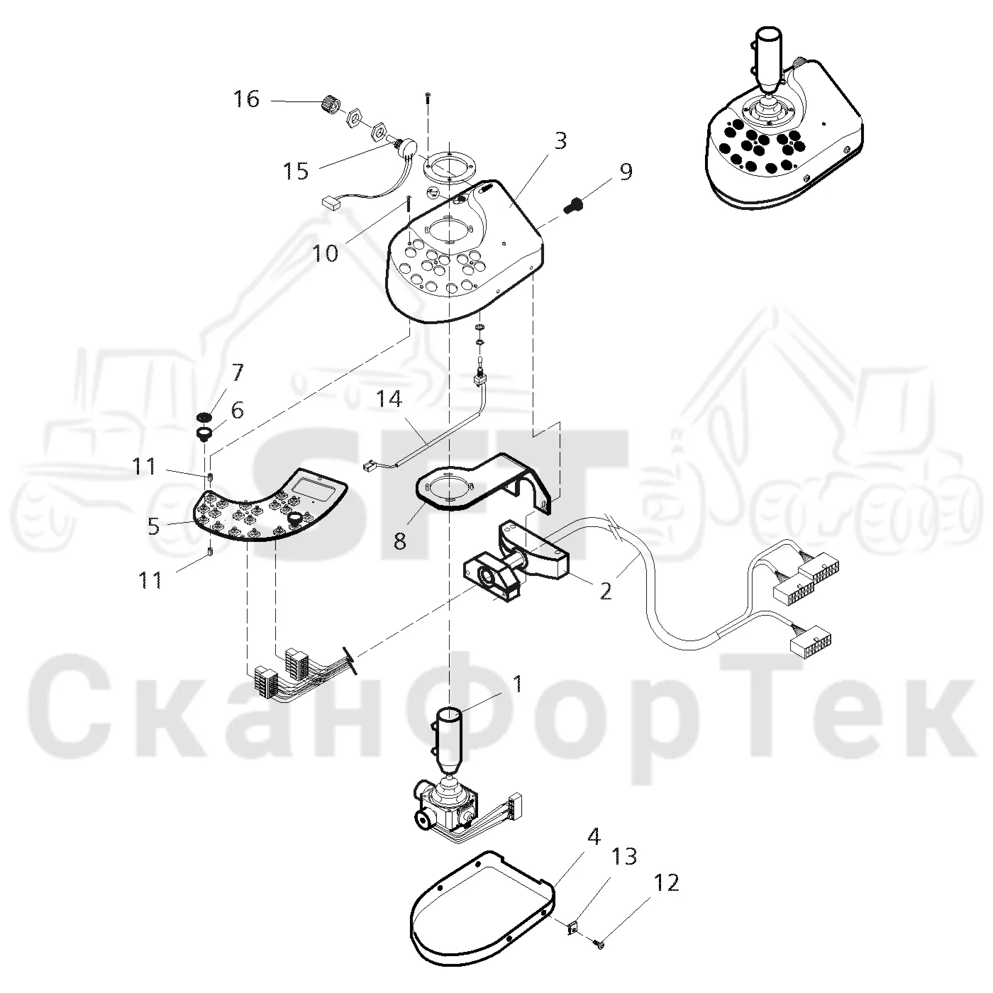 Схема: Valmet / Форвардер / Valmet 860.1 / Valmet 860.1 Ch. 115421- / Valmet 860.1 Ch. 115421- / Каталог запасных частей / Система управления / Регулятор / Электрооборудование рычажного устройства 115373- / Рычаги управления левый