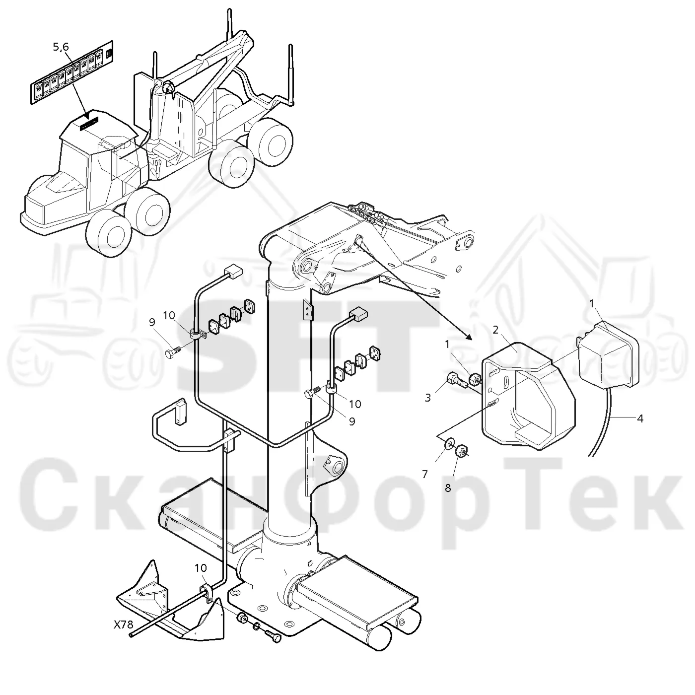 Схема: Valmet / Форвардер / Valmet 830 / Valmet 830 / Каталог запасных частей / Подъемный кран / Рабочие лампы / ксеноновые / Пост освещения подъемного крана