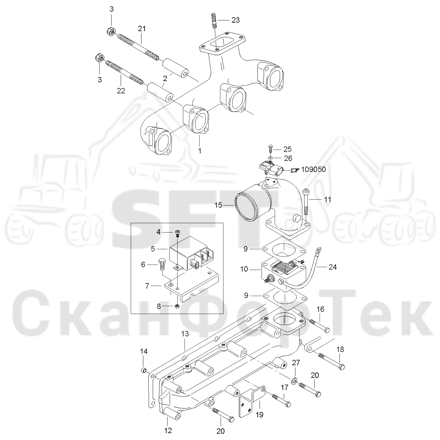 Схема: Valmet / Форвардер / Valmet 830.3 / Valmet 830.3 / Каталог запасных частей / Двигатель / Двигатель -311171 / Впуск - выпуск / Впускной и выпускной коллектор