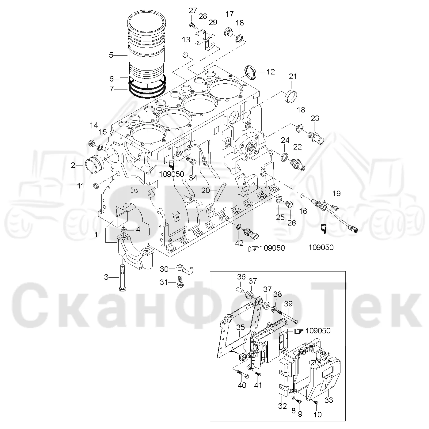 Схема: Valmet / Форвардер / Valmet 830.3 / Valmet 830.3 / Каталог запасных частей / Двигатель / Двигатель -311171 / Блок двигателя / Блок цилиндров
