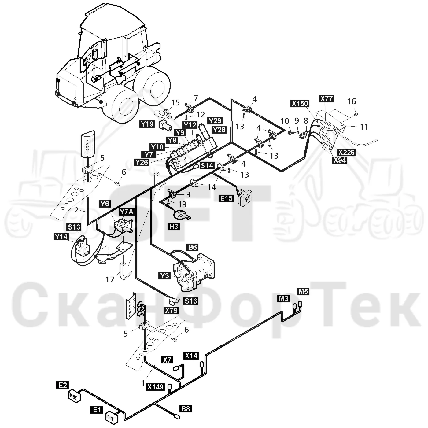Схема: Valmet / Форвардер / Valmet 830.3 / Valmet 830.3 / Каталог запасных частей / шасси / Электрический Оборудование / Комплект кабелей передней рамы / Комплект кабелей передней рамы -311130