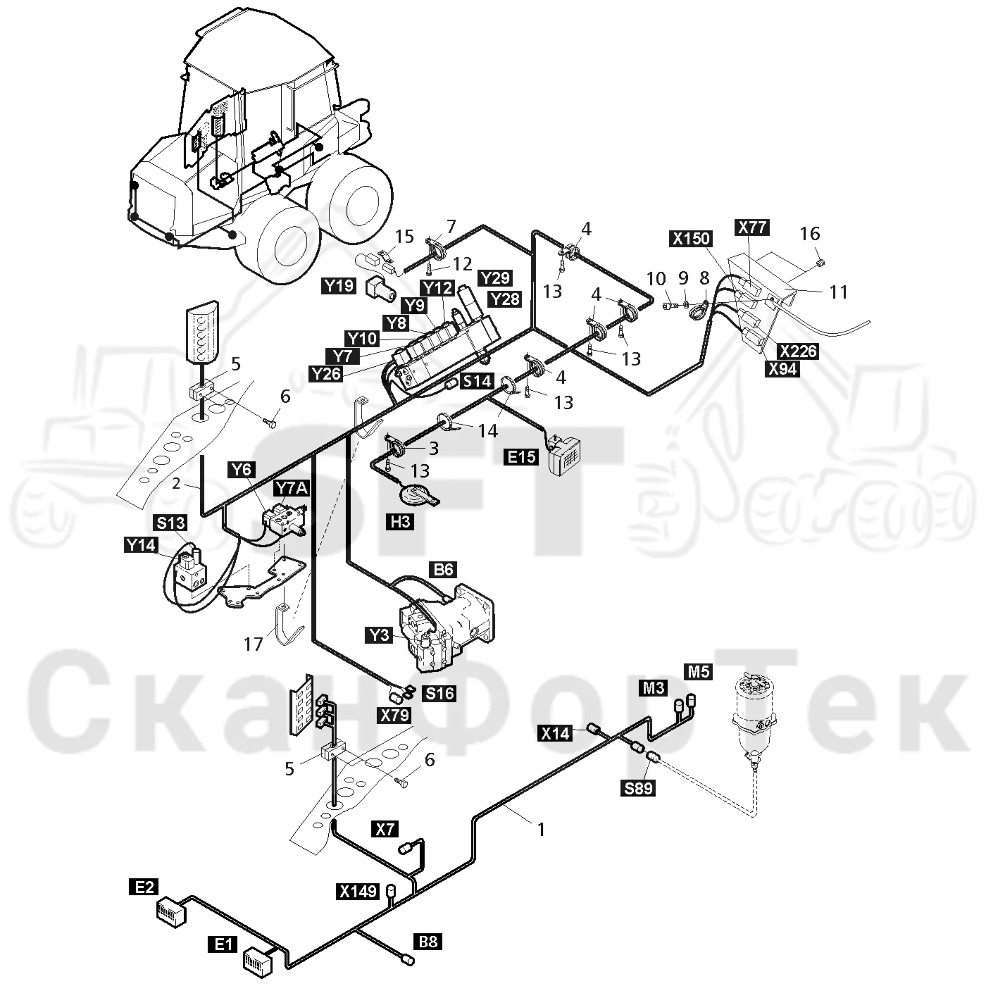 Схема: Valmet / Форвардер / Valmet 830.3 / Valmet 830.3 / Каталог запасных частей / шасси / Электрический Оборудование / Комплект кабелей передней рамы / Комплект кабелей передней рамы 311131-